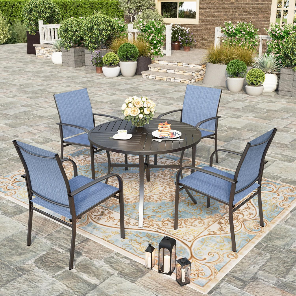 HERA'S HOUSE 5 Pieces Patio Table and Chairs Set, Outdoor Dining Furniture for 4, 42' Black Metal Round Dining Table with Umbrella Hole, 4 x Blue Textilene Chairs for Lawn Garden Backyard Deck