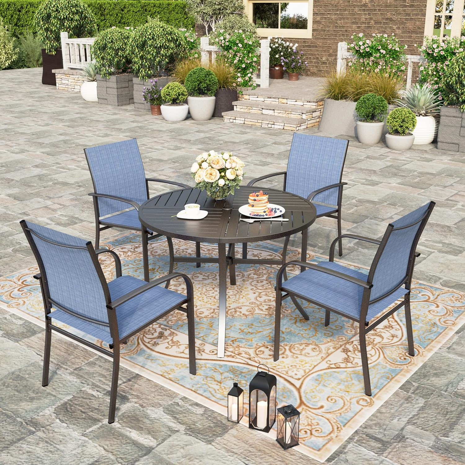 HERA'S HOUSE 5 Pieces Patio Table and Chairs Set, Outdoor Dining Furniture for 4, 42' Black Metal Round Dining Table with Umbrella Hole, 4 x Blue Textilene Chairs for Lawn Garden Backyard Deck