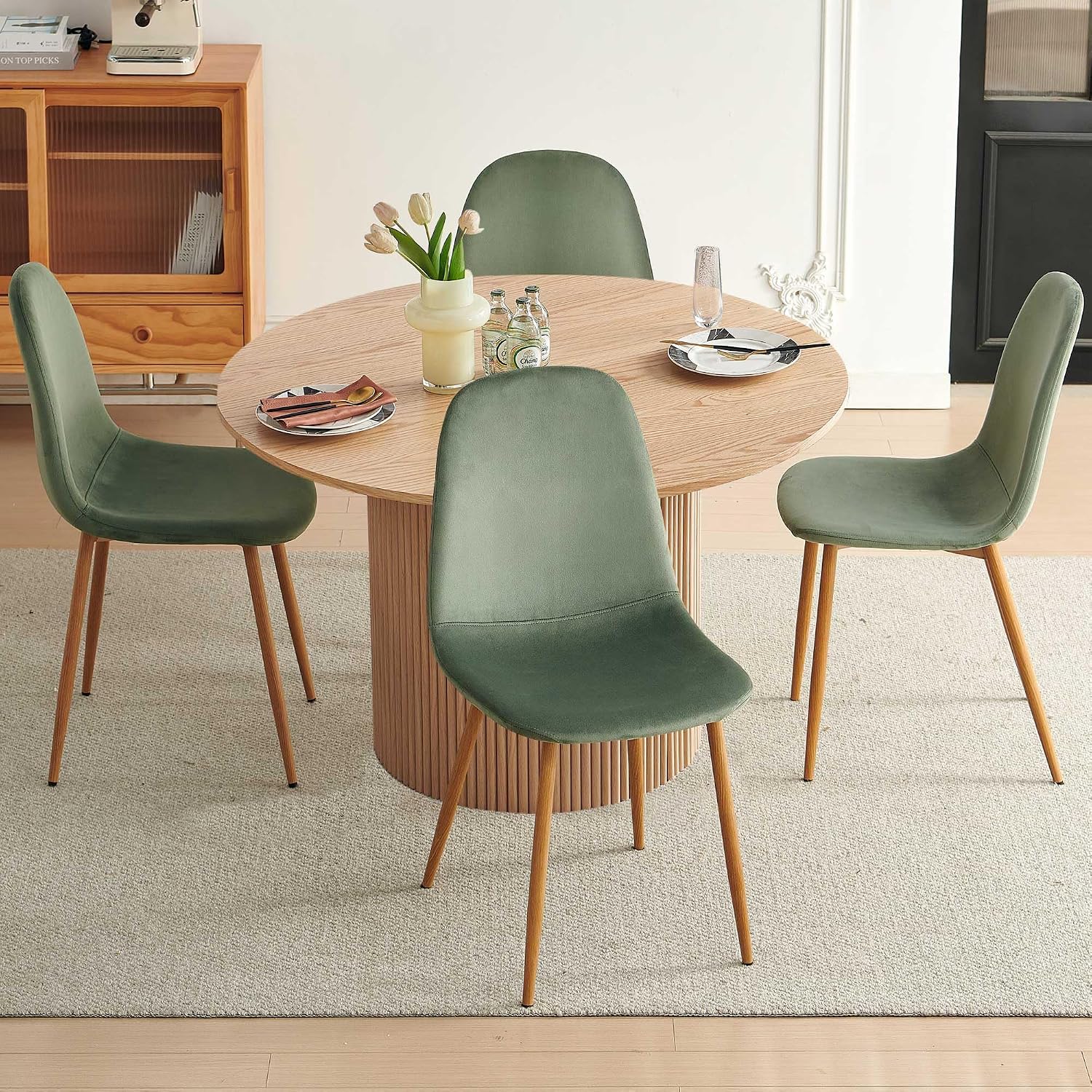 Dining Table Set for 4, Mid Century Modern 47 Inch Wooden Round Dining Table Set, Space Saving (Table + 4 Green Chairs)