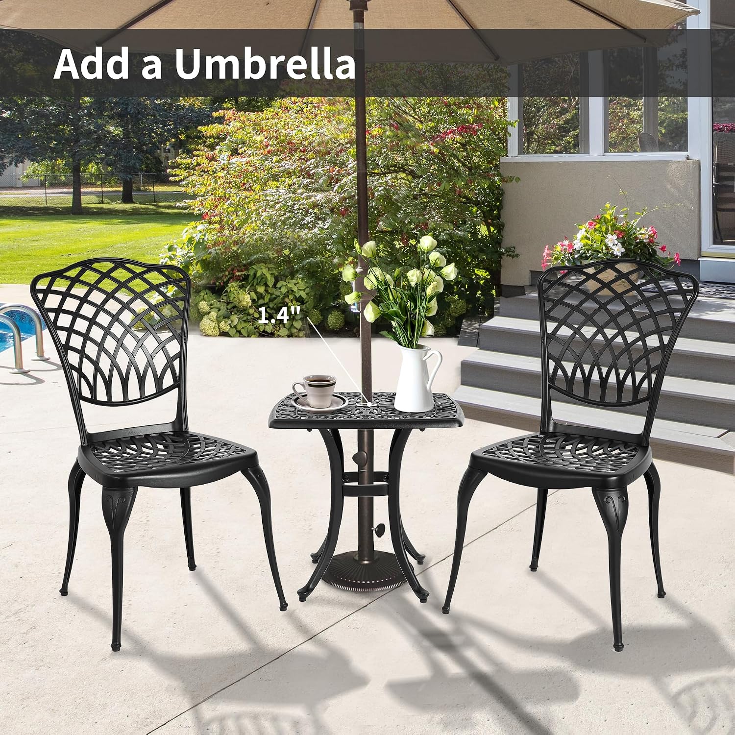 HOMEFUN Thickened Heavy-Duty Cast Aluminum Bistro Set of 2 Outdoor 3 Piece Patio Furniture, Ultra Sturdy Rustproof All-Weather for Garden Balcony, Black