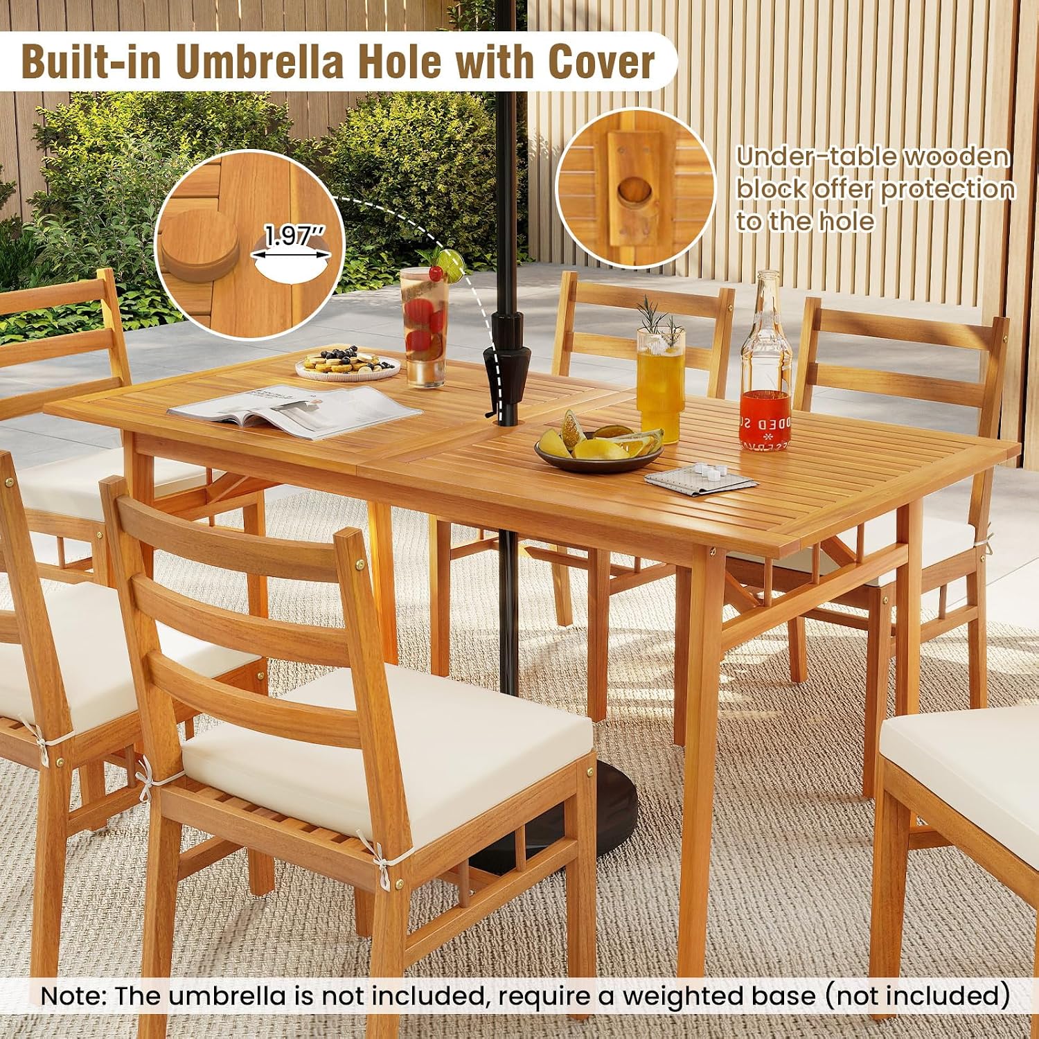 HAPPYGRILL Acacia Wood Outdoor Dining Table with Umbrella Hole & Cover, for 4-6 People, 63' Large Farmhouse Dinette Furniture for Backyard Patio Deck Porch
