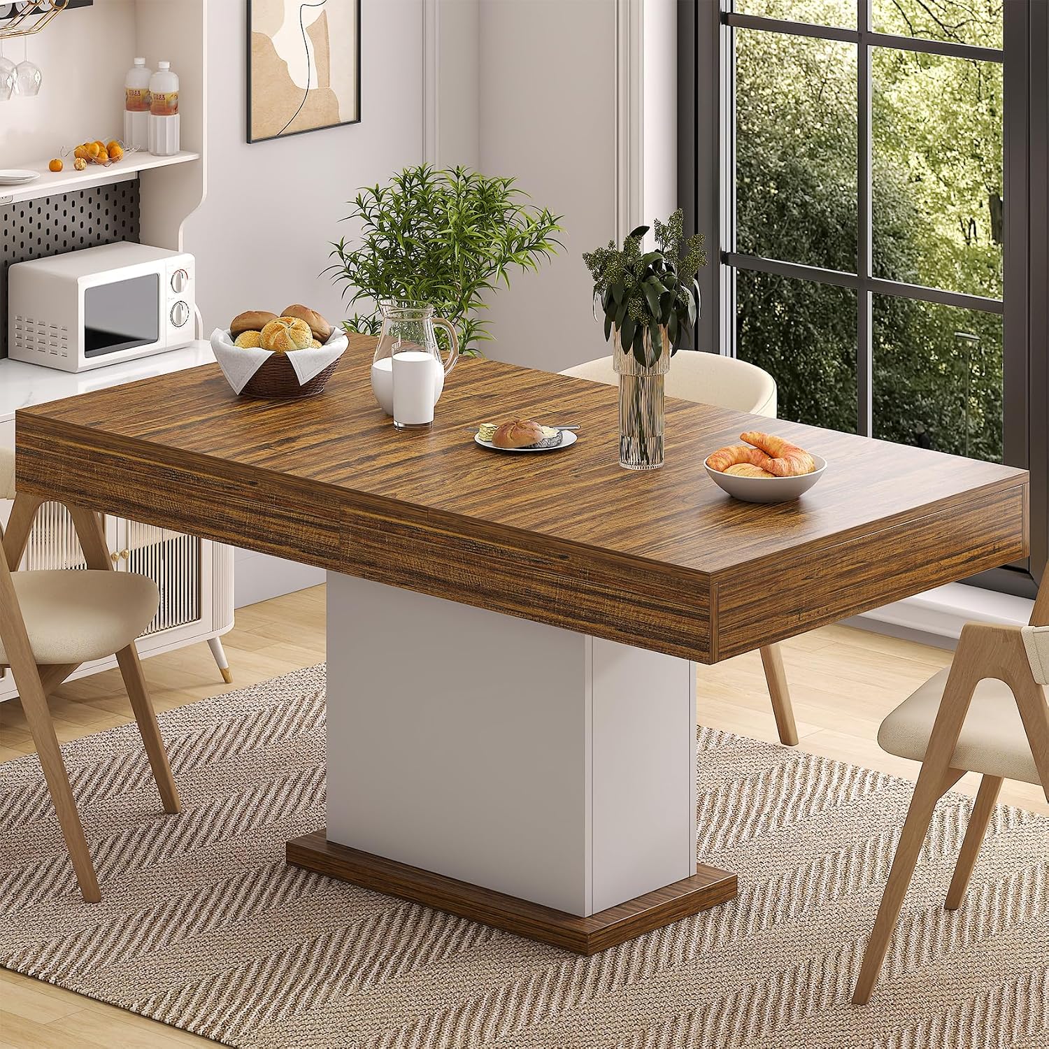 Dining Table with Drawers for 4-6 People, 55 Inches Dinner Table with Led Lights Wooden Pedestal Base, Rectangular Kitchen Table for Kitchen, Living Room, White& Rustic Brown