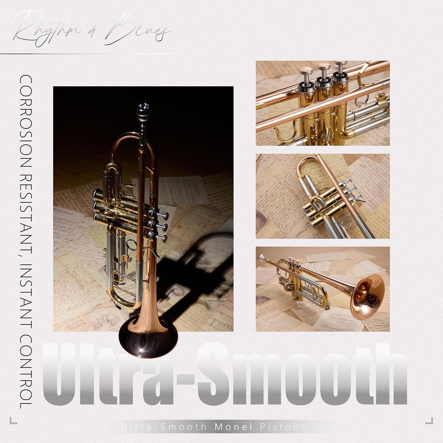 AKLOT Tri-Metallic Artistry Bb Trumpet: Phosphor Bronze Bell, Smooth Monel Valves, Double-Bar Support System, Includes Premium Leather Case, Lesson Book, 7C Mouthpiece, Mute, Cleaning Kit (SNR-PriFTG)