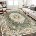 8x10 Area Rugs Washable,Green Rug for Living Room Bedroom Dining Room,Large Boho Vintage Bohemian Distressed Carpet Non Slip,Floral