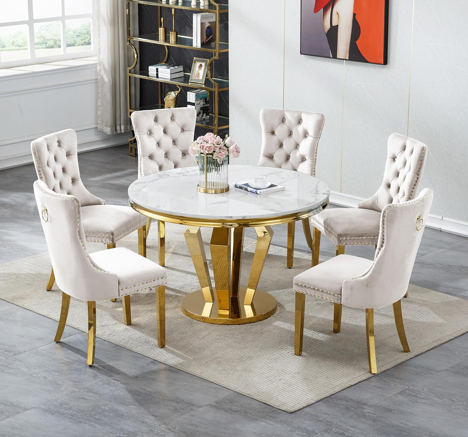 45 in Round Marble Dining Table for 4 to 6, Modern Circular White Faux Marble Kitchen Table with Gold Diamond Stainless Steel Base, Round Kitchen Dining Room Table for Breakfast Dinette Dinner Party