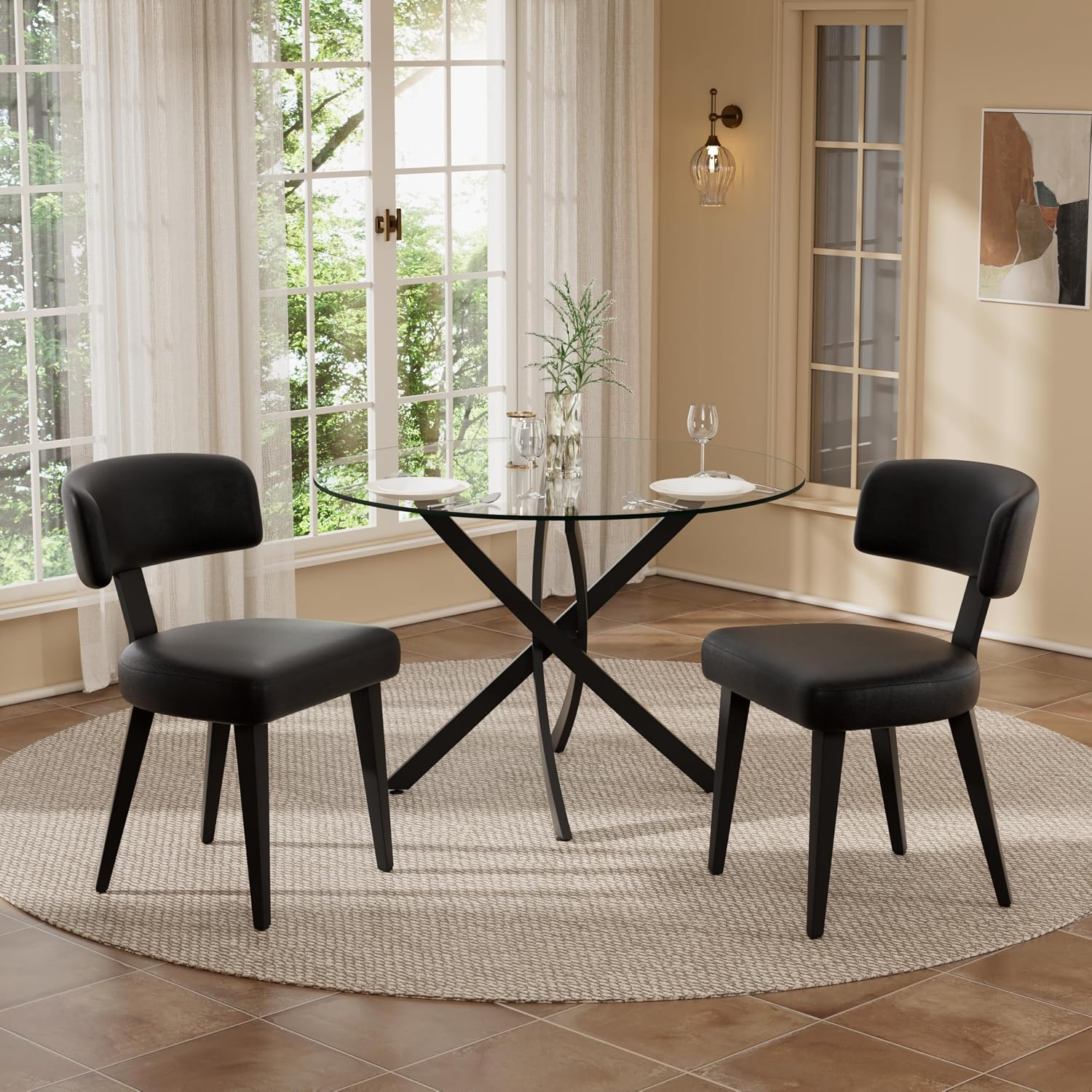Small Dining Table Set for 2, 36' Round Kitchen Table with 2 PU Leather Dining Chairs, Tempered Glass Top with Metal Legs(All Black)