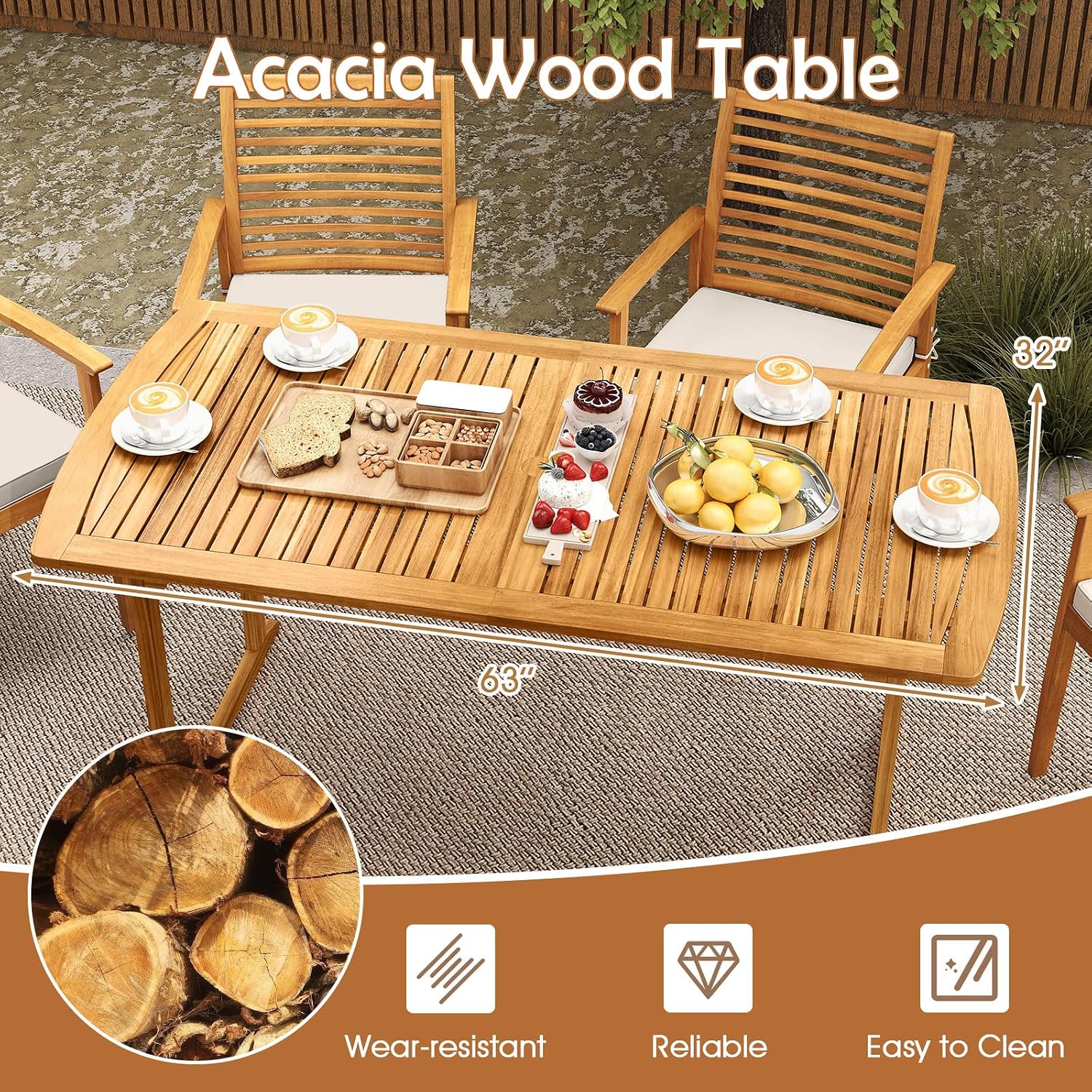 HAPPYGRILL Outdoor Wooden Dining Table for 4-6 People, Acacia Wood Table with Umbrella Hole, for Backyard Patio Deck Porch