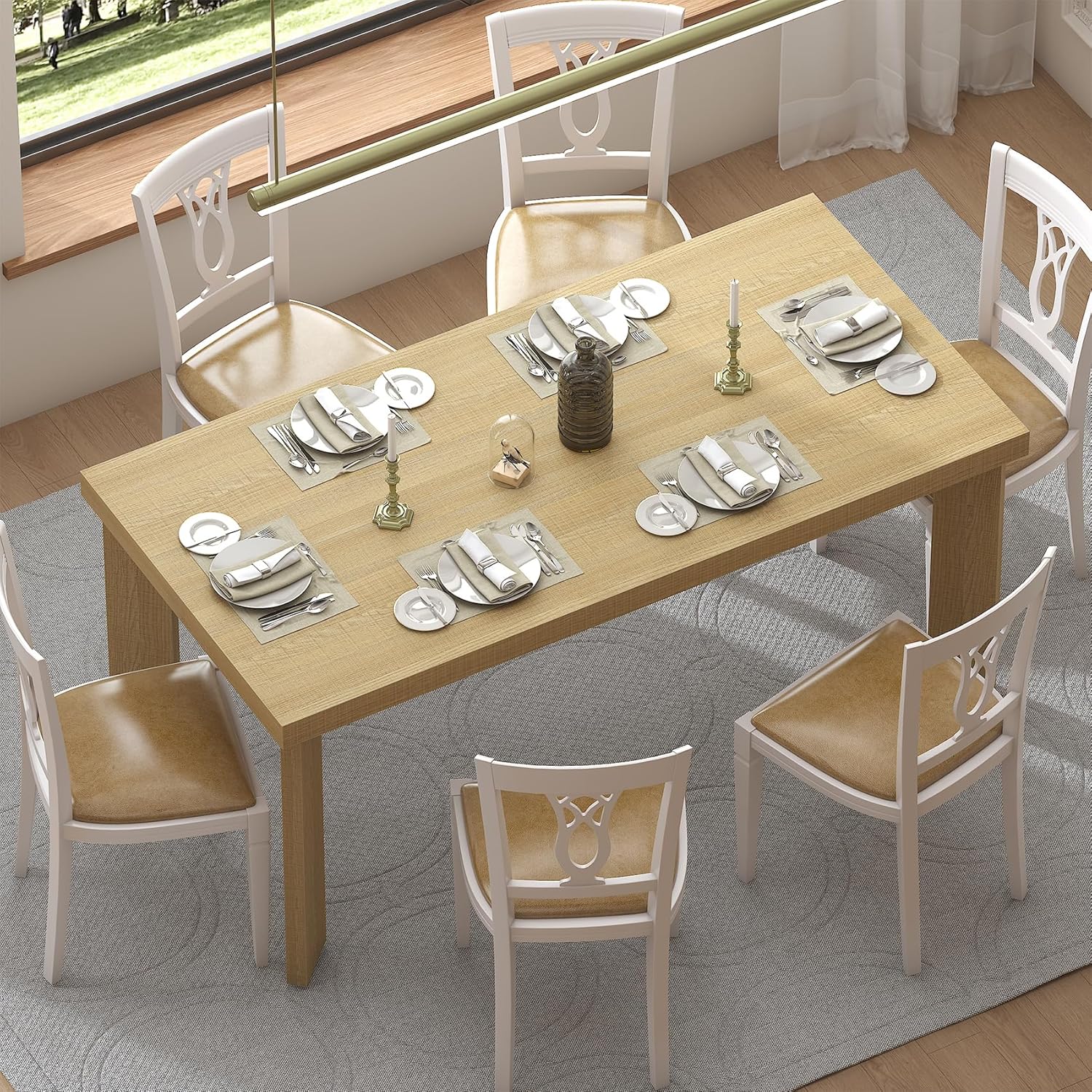 Bigbiglife 63 Inch Dining Table for 6, Indoor Outdoor Dining Table with Wood Legs, Kitchen Table with Large Tabletop, Rectangular Dinner Table for Dining Room, Living Room, Kitchen, Natural