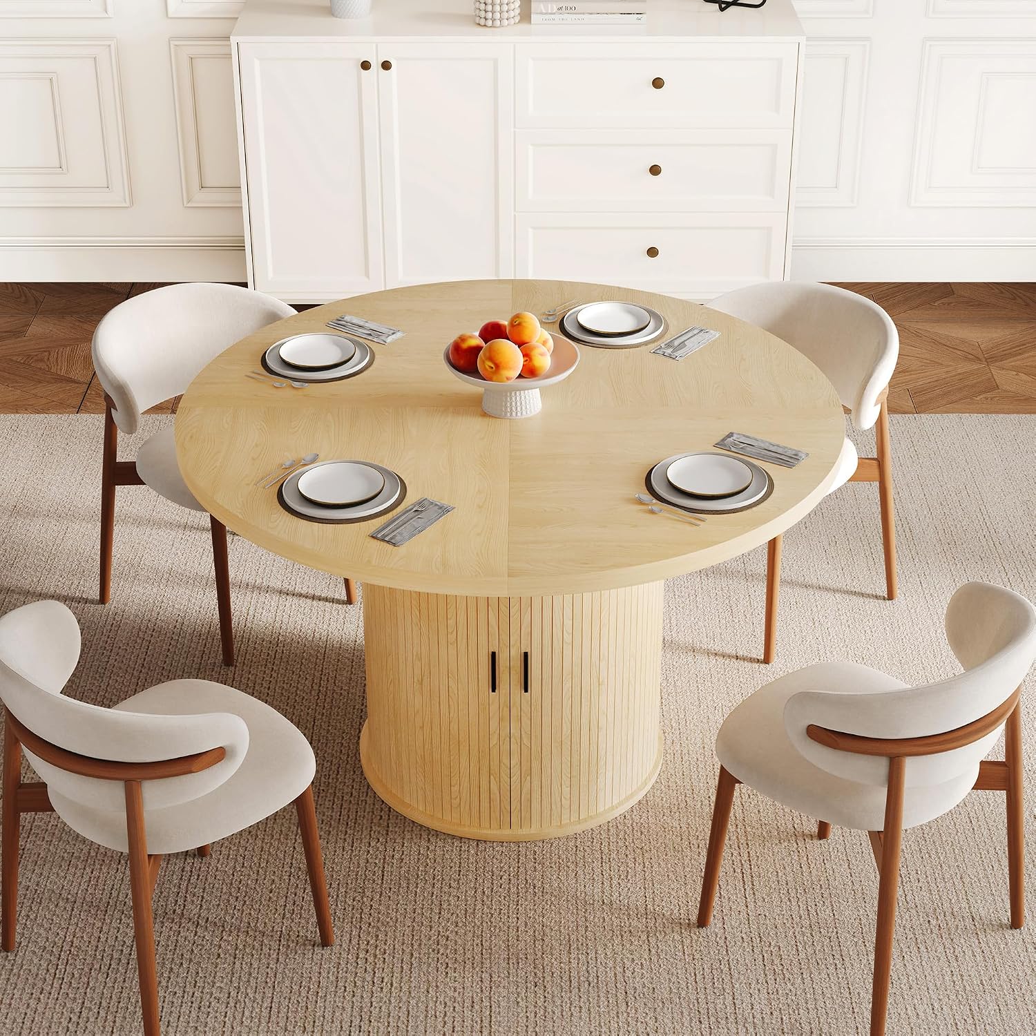 47 inch Round Dining Table for 4-6, Dinner Table with 2-Layer Storage Shelf, Morden Circle Kitchen Table with Wooden Strip Base and Wood Slide Door for Home Dining Room, Living Room, Natural