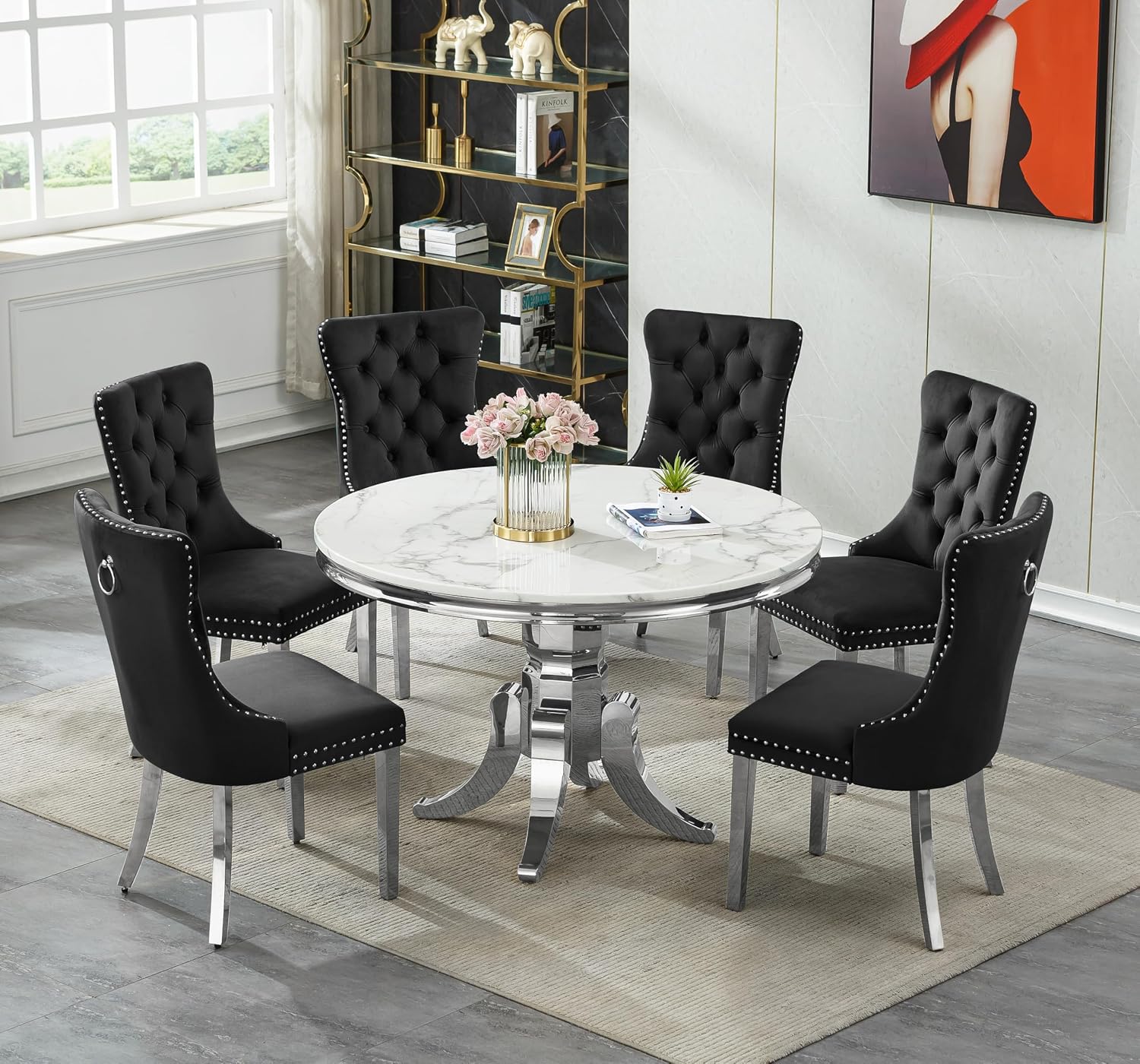 45 in Round Marble Dining Table for 4 to 6, Modern Circular White Faux Marble Kitchen Table with Silver Stainless Steel Leg, Round Kitchen Dining Room Table for Breakfast Dinette Dinner Dinning Room
