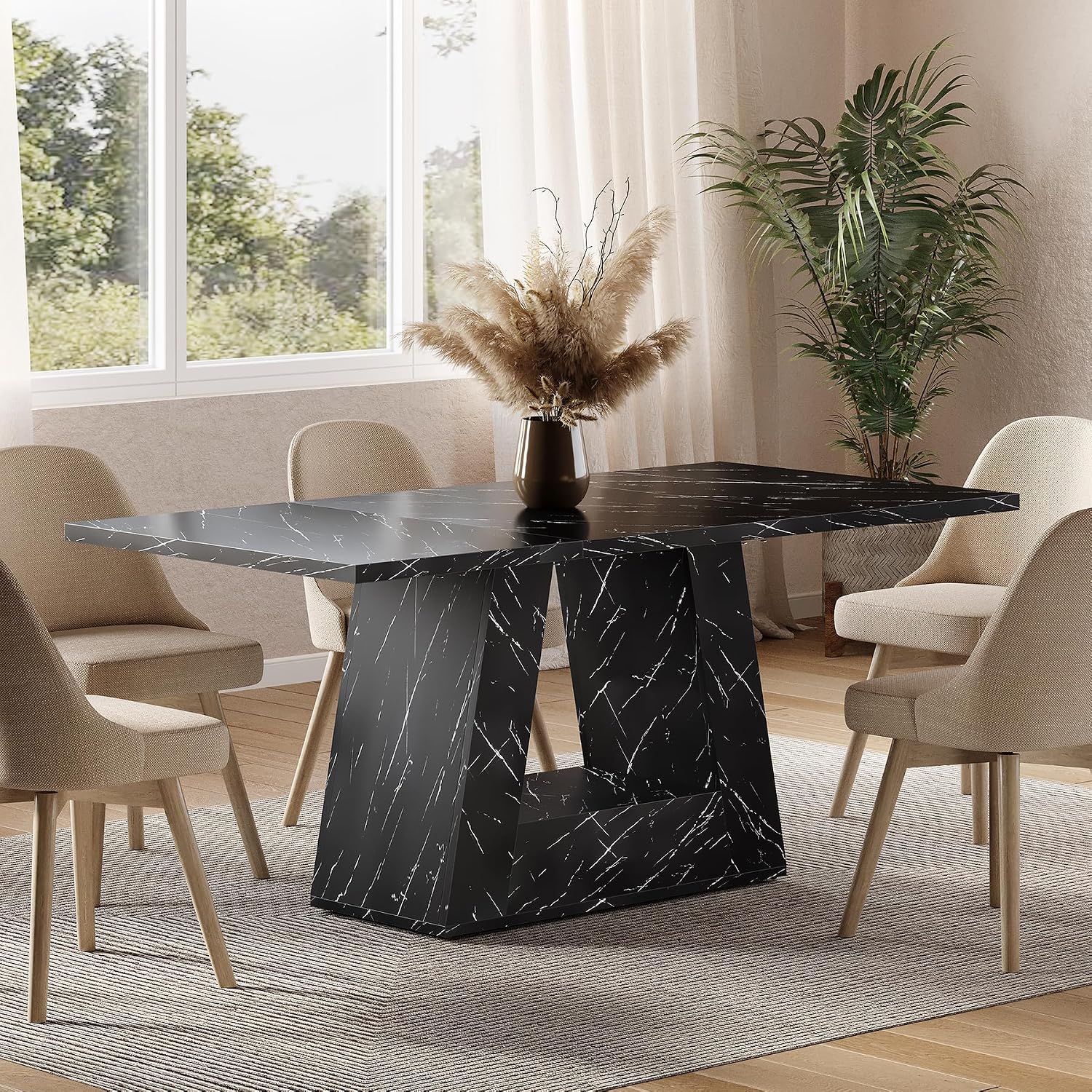 LITTLE TREE Dining Table for 4-6 People, 63 Inches Dining Room Table with Wooden Triangle Pedestal Base, Black Faux Marble Rectangle Dinner Kitchen Table for Dining Room, Kitchen, Living Room