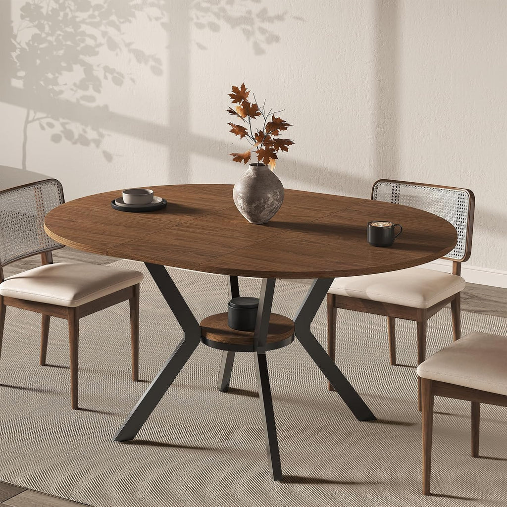 42'-58' Extendable Round Dining Table for 4-6, Kitchen Oval Table with Hidden Leaves & Storage Shelf, Space Saving Modern Design with Sturdy Metal Legs for Kitchen, Dining Room & Small Apartments