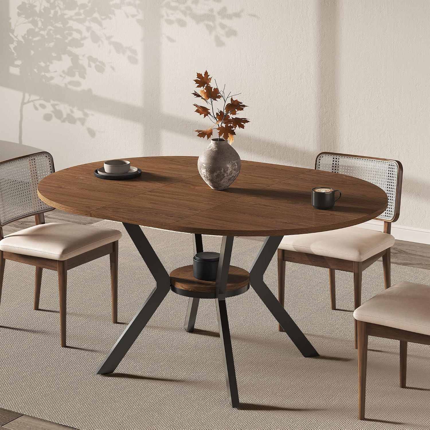 42'-58' Extendable Round Dining Table for 4-6, Kitchen Oval Table with Hidden Leaves & Storage Shelf, Space Saving Modern Design with Sturdy Metal Legs for Kitchen, Dining Room & Small Apartments