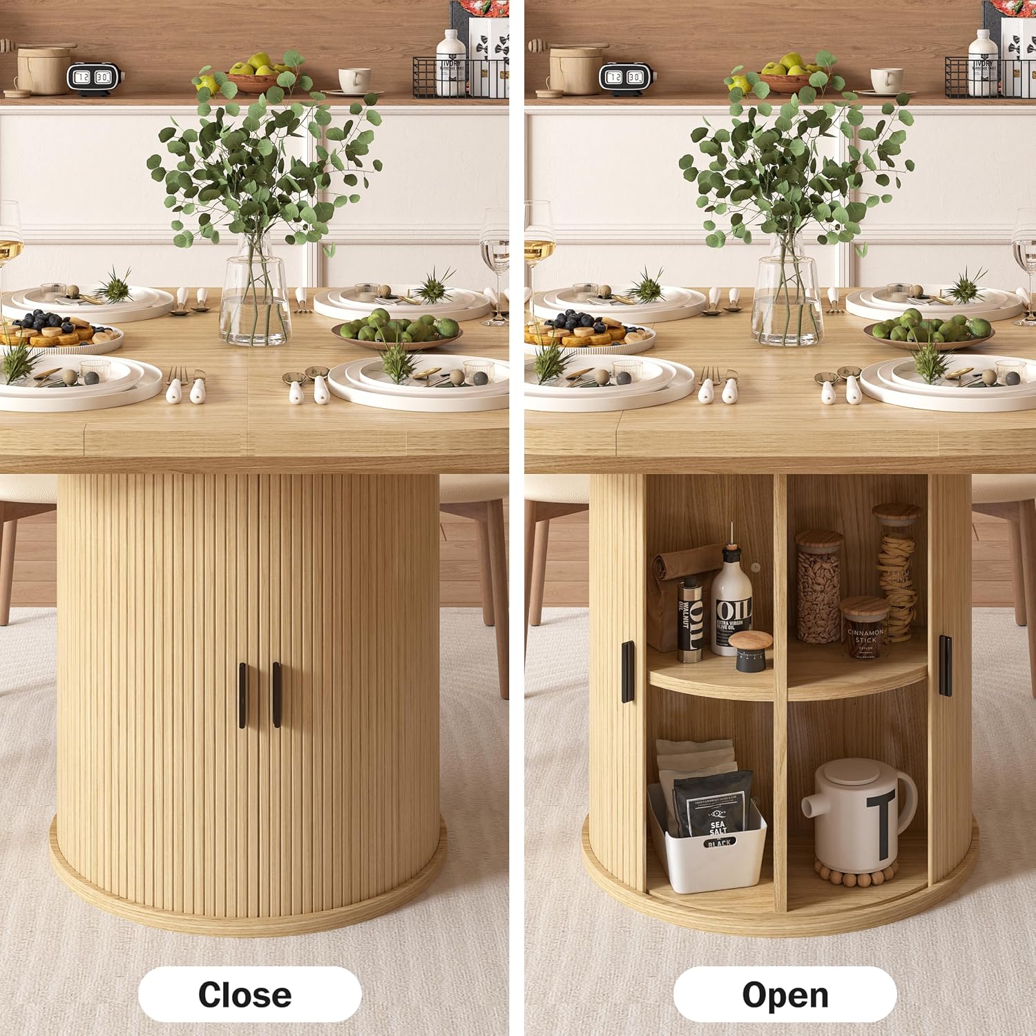Vipbear Extendable Dining Table 43-59' for 4-6 People, Solid Wood Top with Fluted Slide Door & 8-Compartment Storage, Space Saving Round Dining Room Kitchen Dinner Tables Furniture with Pedestal Base