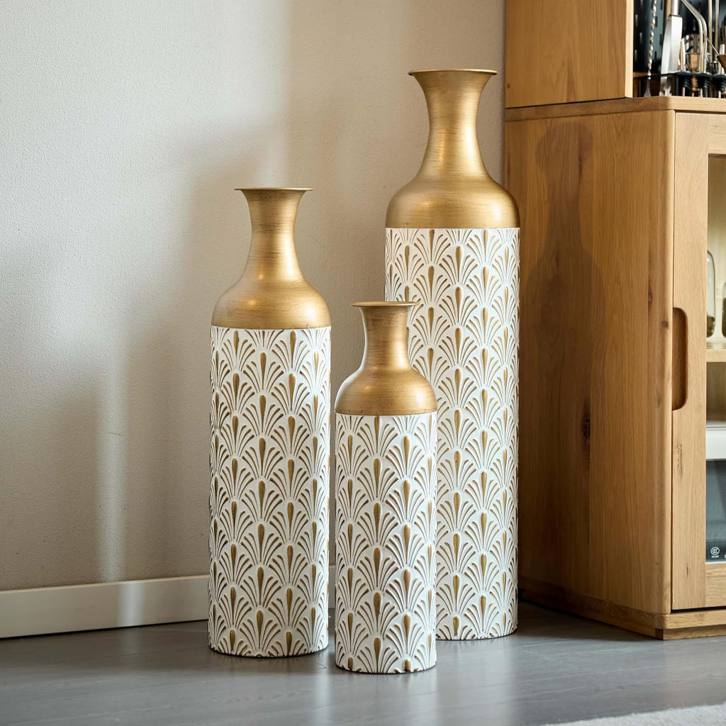 Set of 3 Metal Decorative Floor Vases – Tall Gold Modern Vase for Home Decor, Large Floor Vases for Living Room, Entryway & Office, Elegant Cylinder Vase for Wedding, Dried Flowers (Brass+White)