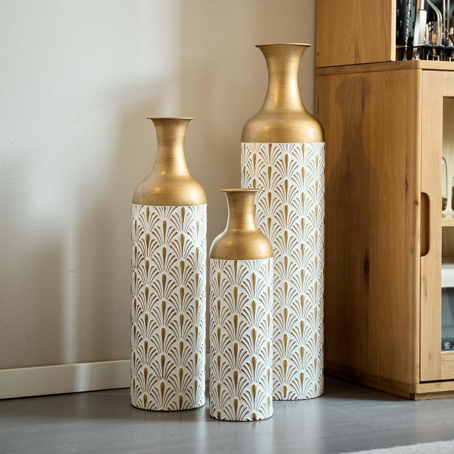 Set of 3 Metal Decorative Floor Vases – Tall Gold Modern Vase for Home Decor, Large Floor Vases for Living Room, Entryway & Office, Elegant Cylinder Vase for Wedding, Dried Flowers (Brass+White)