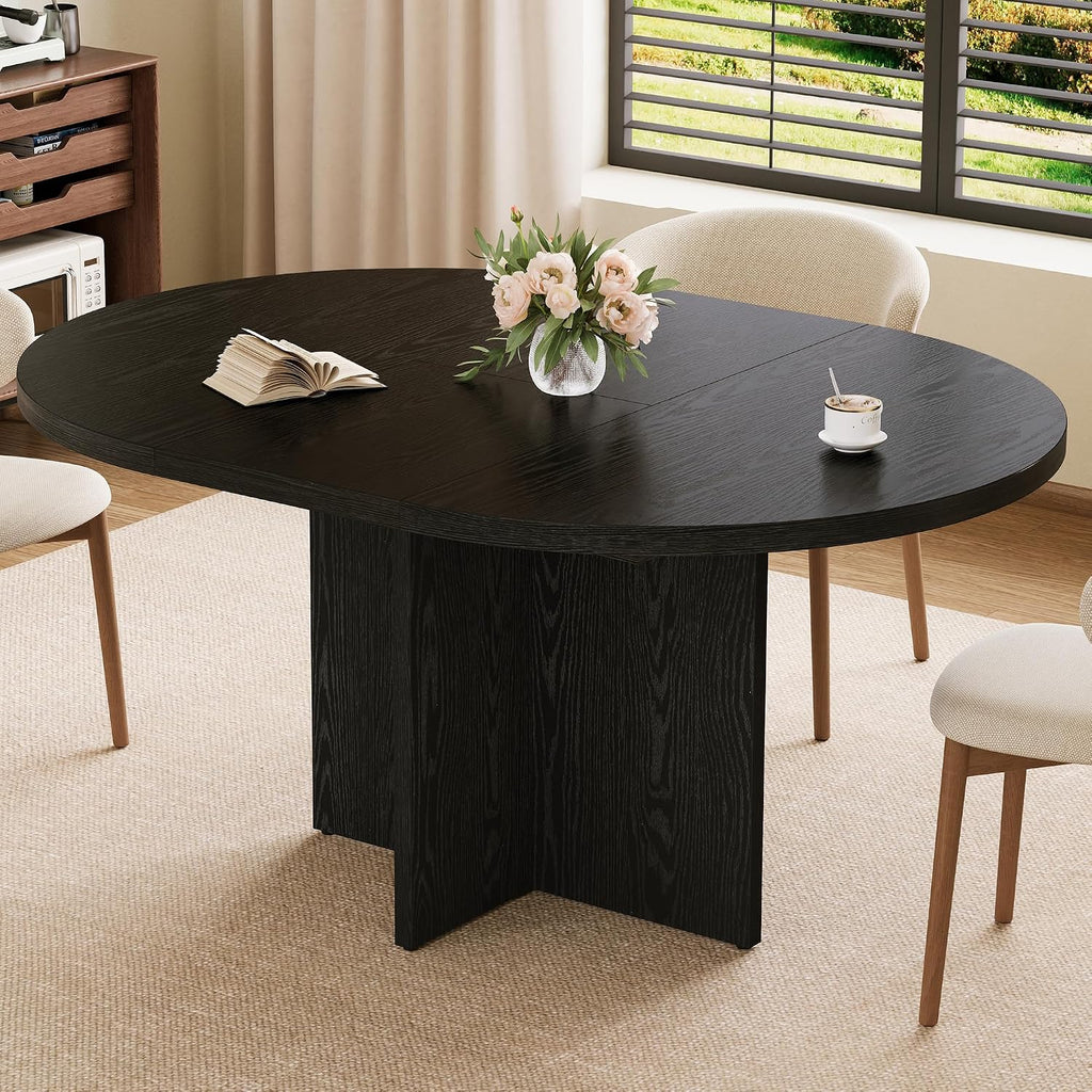 Garvee 43.3''-59'' Extendable Round Dining Table for 4-8, Modern Kitchen Oval Dining Table with Removable Leaves, Dinner Table for Dining Room, Kitchen, Living Room, Black