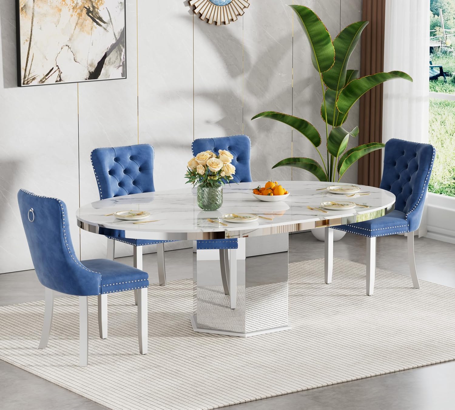 5 Pieces 47'-63' White Faux Marble Extendable Dining Table Set, Round Expanding Kitchen and Dining Room Table Set for 4 with Mirrored Acrylic Base & Blue Velvet Upholstered Chairs