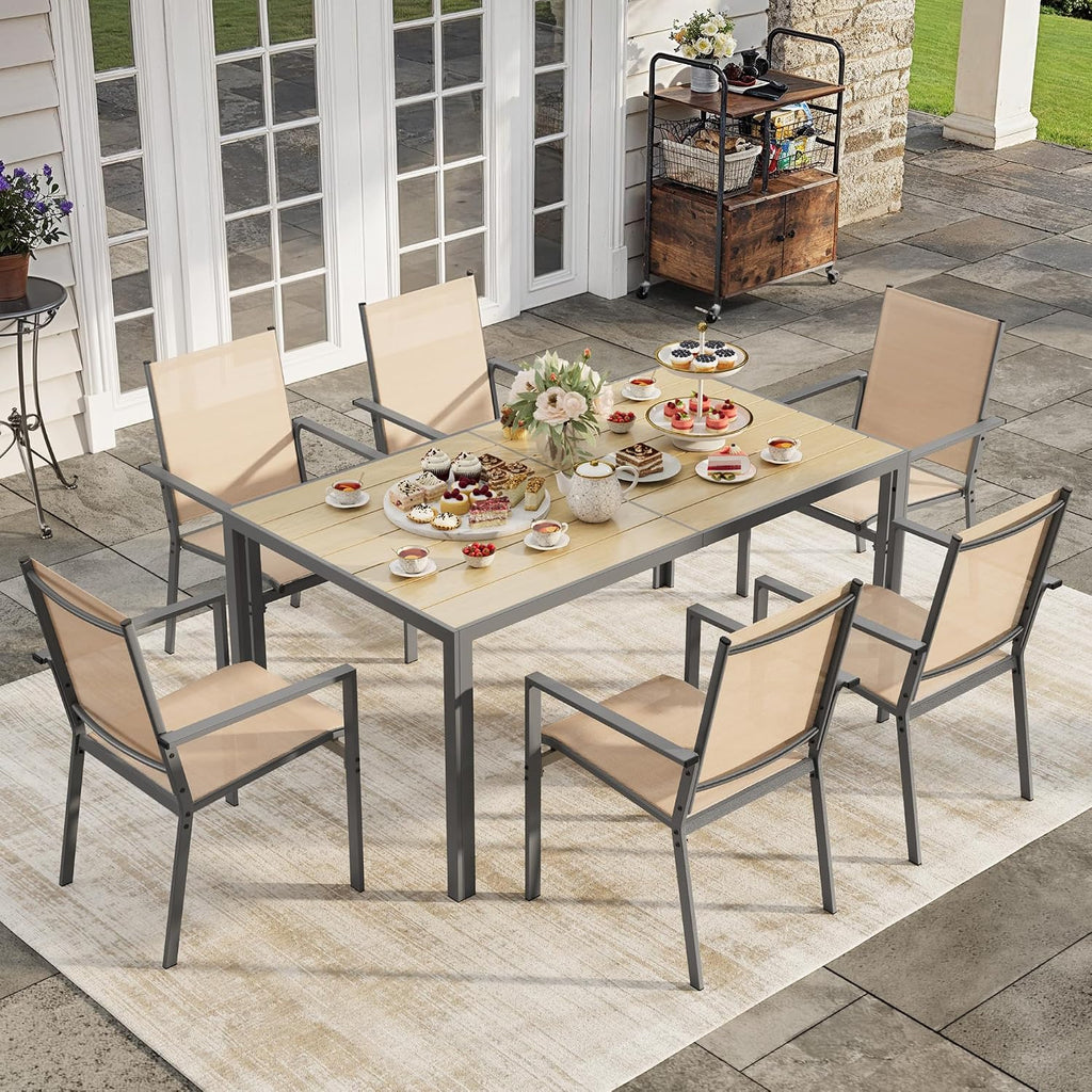 Ahomly Patio Table and Chairs Set for 6, Outdoor Dining Set Includes 59.5' Rectangle Patio Table with Side Umbrella Hole and 6 Textilene Fabric Patio Chairs for Backyard, Courtyard, Poolside, Brown