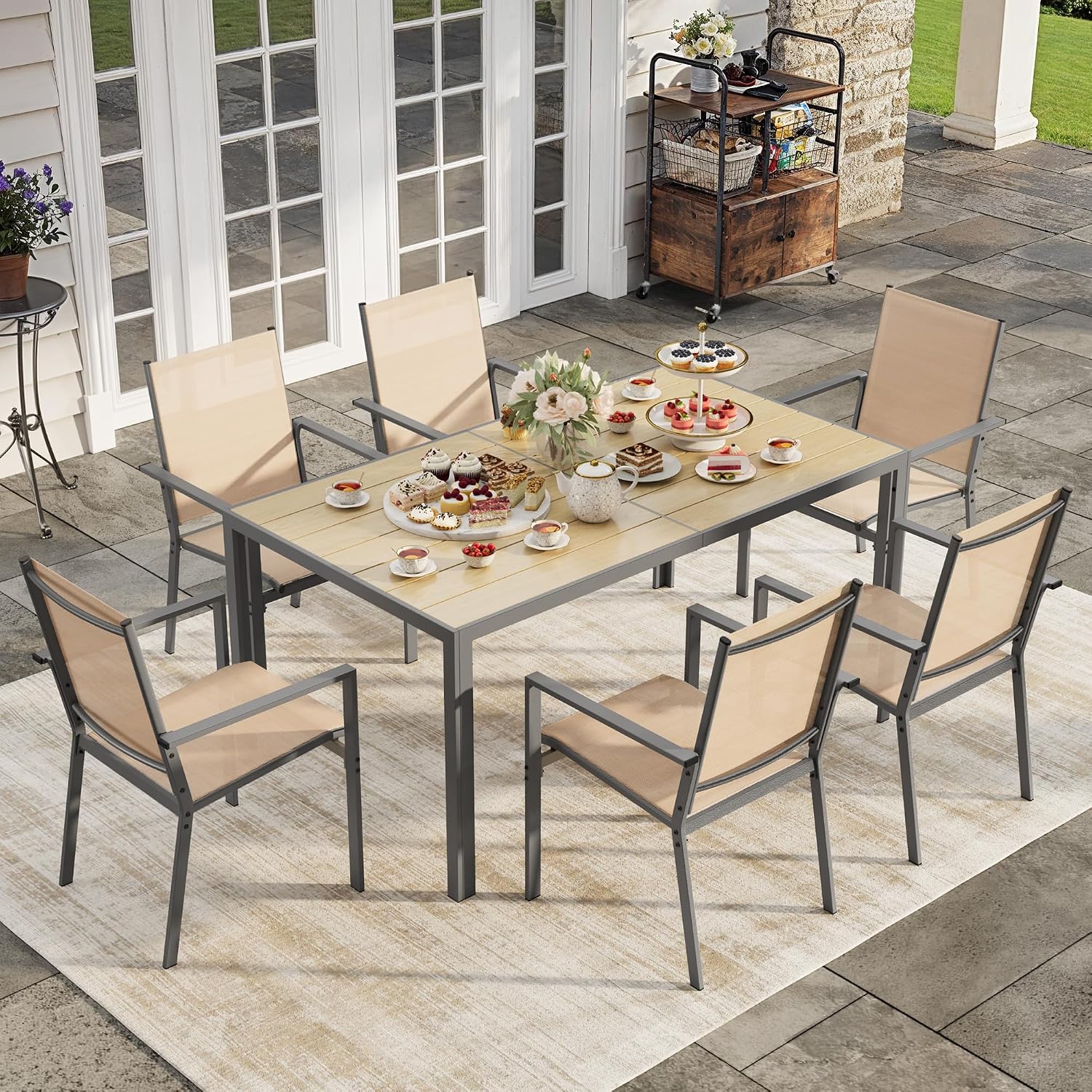 Ahomly Patio Table and Chairs Set for 6, Outdoor Dining Set Includes 59.5' Rectangle Patio Table with Side Umbrella Hole and 6 Textilene Fabric Patio Chairs for Backyard, Courtyard, Poolside, Brown