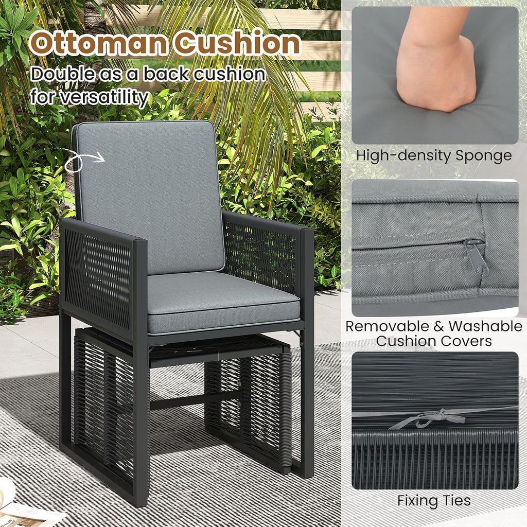 Tangkula 5 Pieces PE Wicker Patio Dining Set, Outdoor Conversation Set with Cushions, Space-Saving Patio Rattan Chair and Tempered Glass Table Set with Ottomans for Garden, Backyard & Poolside