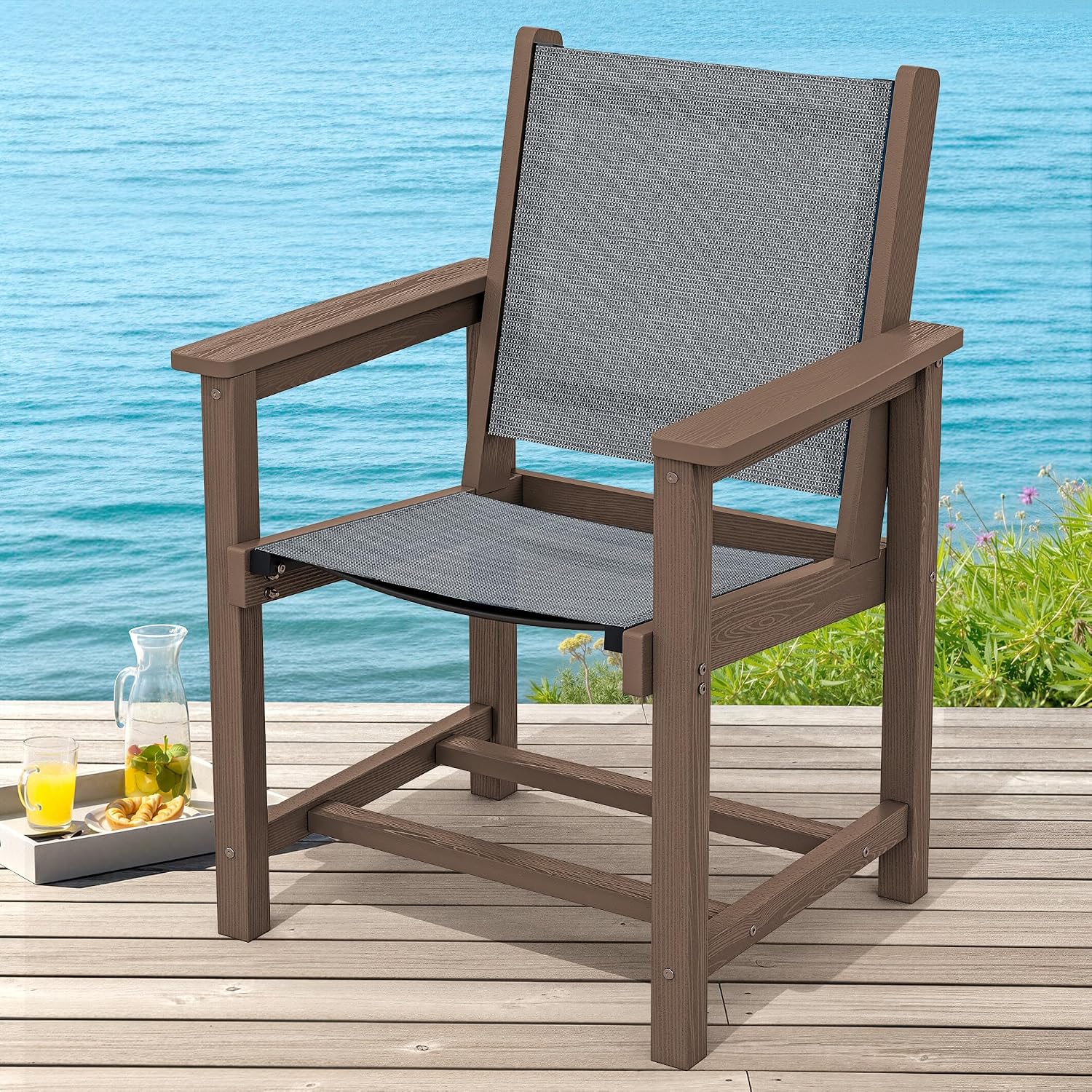 SERWALL Outdoor Dining Chairs Set of 2, All-Weather HDPE Textilene Sling Dining Chair for Backyard, Garden, Brown