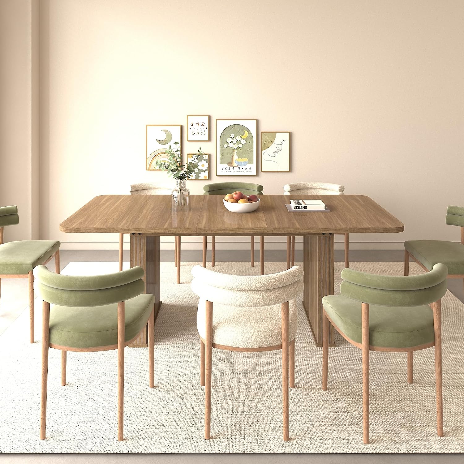 78.74'' Extendable Rectangular Dining Table for 4-8, Modern Mid-Century Wood Expandable Kitchen Dinner Conference Table for Living Room Office, Double Robust Pedestal, Brown