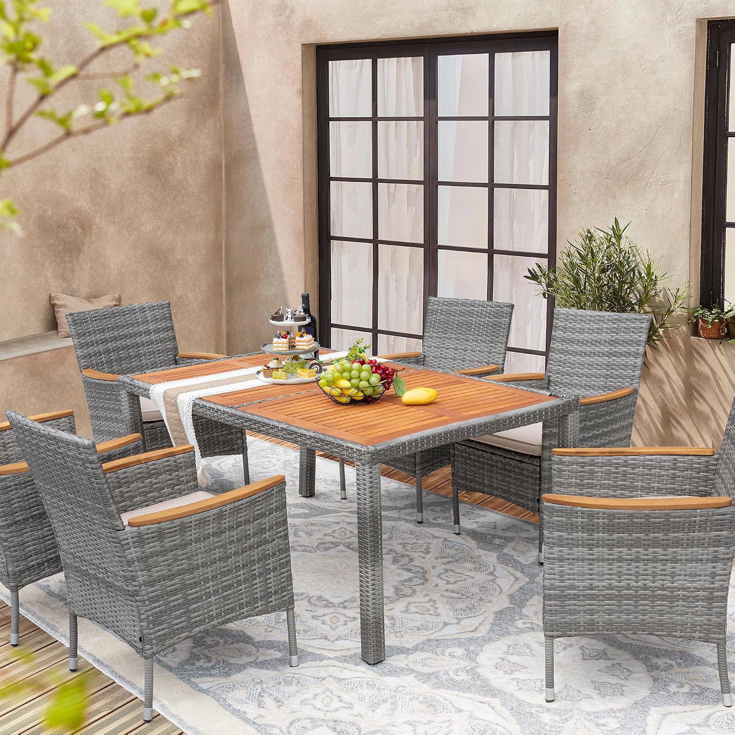 Devoko Dining 7 PCS Furniture, Patio Conversation Set with Acacia Wood Table Top, Outdoor, Beige Cushion and Grey Rattan