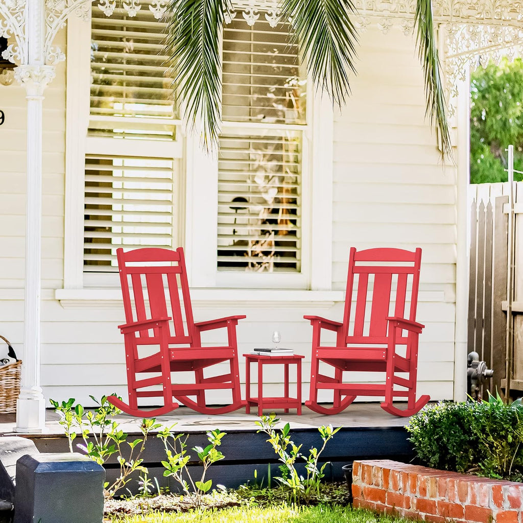 LUE BONA Rocking Chair Outdoor, Weather Resistant Poly Plastic Rocker Chairs, 350lb Heavy Duty, Oversized Porch Rocker for Adult, High Back Smooth Rocking Chairs for Outdoor & Indoor, Bright Red