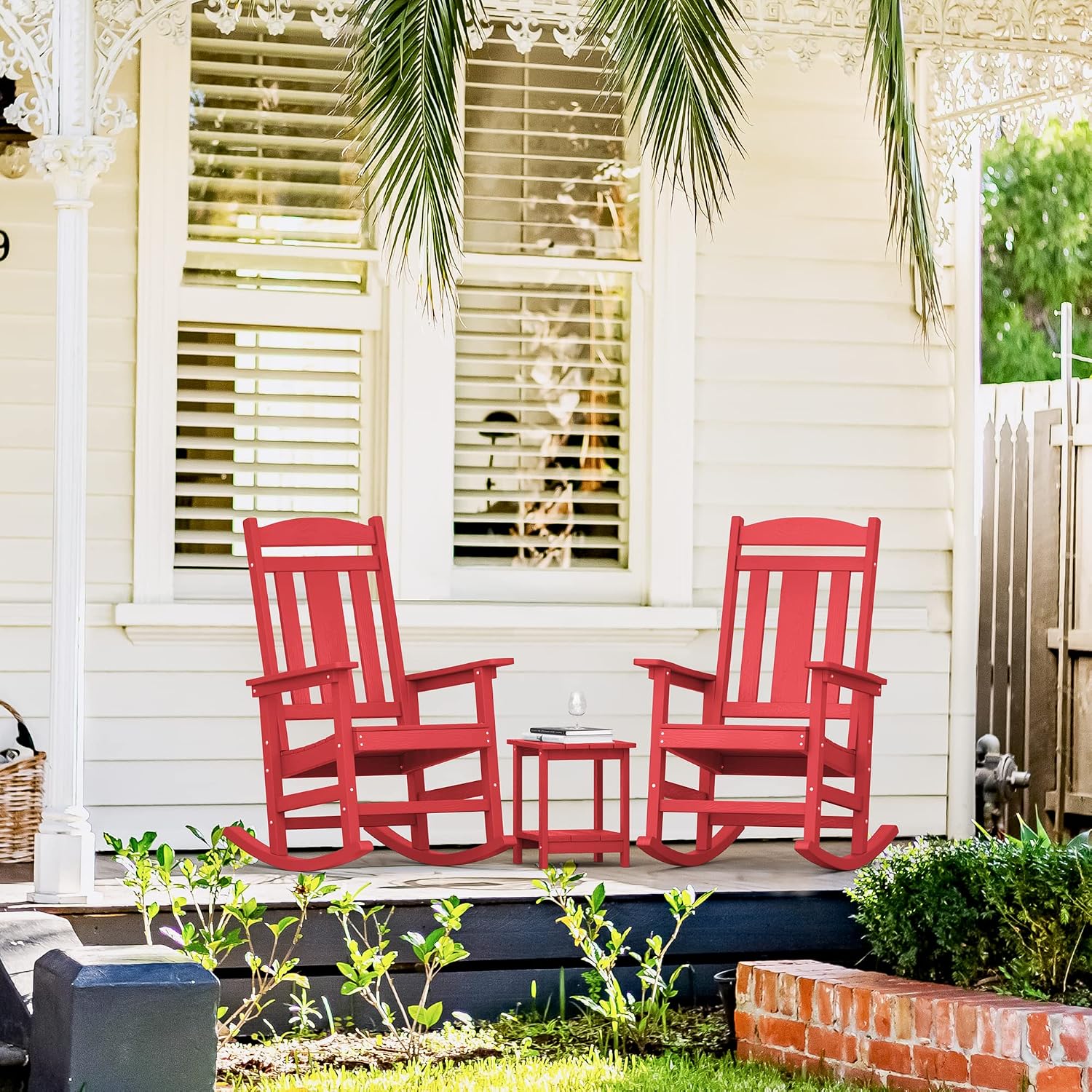 LUE BONA Rocking Chair Outdoor, Weather Resistant Poly Plastic Rocker Chairs, 350lb Heavy Duty, Oversized Porch Rocker for Adult, High Back Smooth Rocking Chairs for Outdoor & Indoor, Bright Red