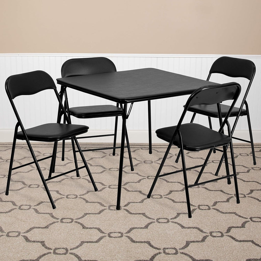 EMMA + OLIVER 5-Piece Multipurpose Folding Card Table and Chairs Set for 4 Players, Padded Top Portable Square Folding Table and Chairs Set, Black