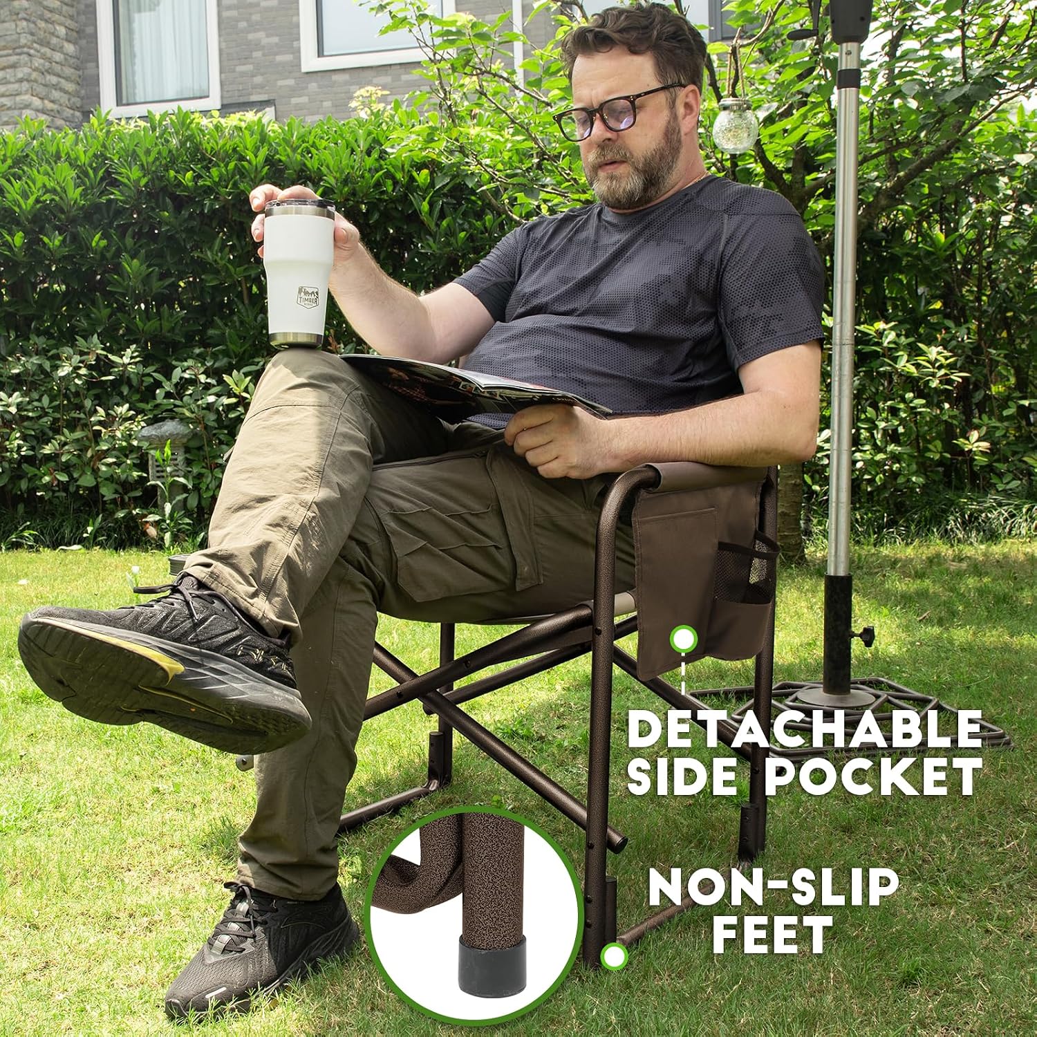 TIMBER RIDGE Aluminum Oversized Camping Chair, Lightweight Portable Directors Chair with Side Table Detachable Side Pocket for Outdoor Camping, Lawn, Picnic, Support 400lbs Tan 2 Pack