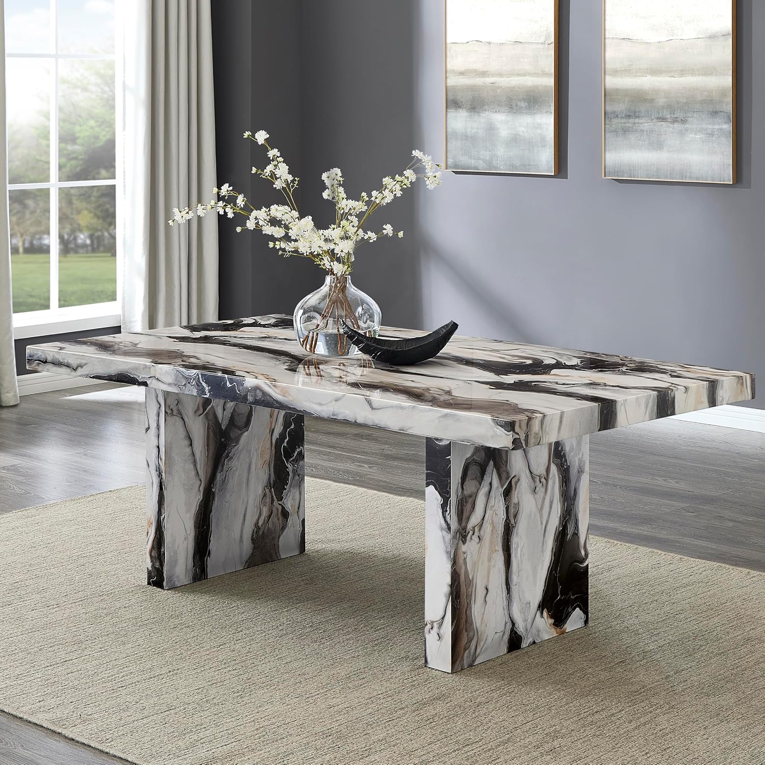 Roundhill Furniture Cavira Modern Faux Marble Dining Table with Double Pedestal Base