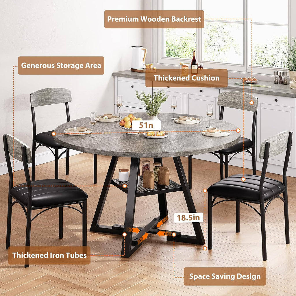 51' Round Dining Table Set for 6, Kitchen Table and Chairs for 4, Circle Table Round Pedestal Dining Room Dinner Dinette Table Set,5 Piece Space Saving Wood Kitchen & Dining Room Tables (Grey, 51In)