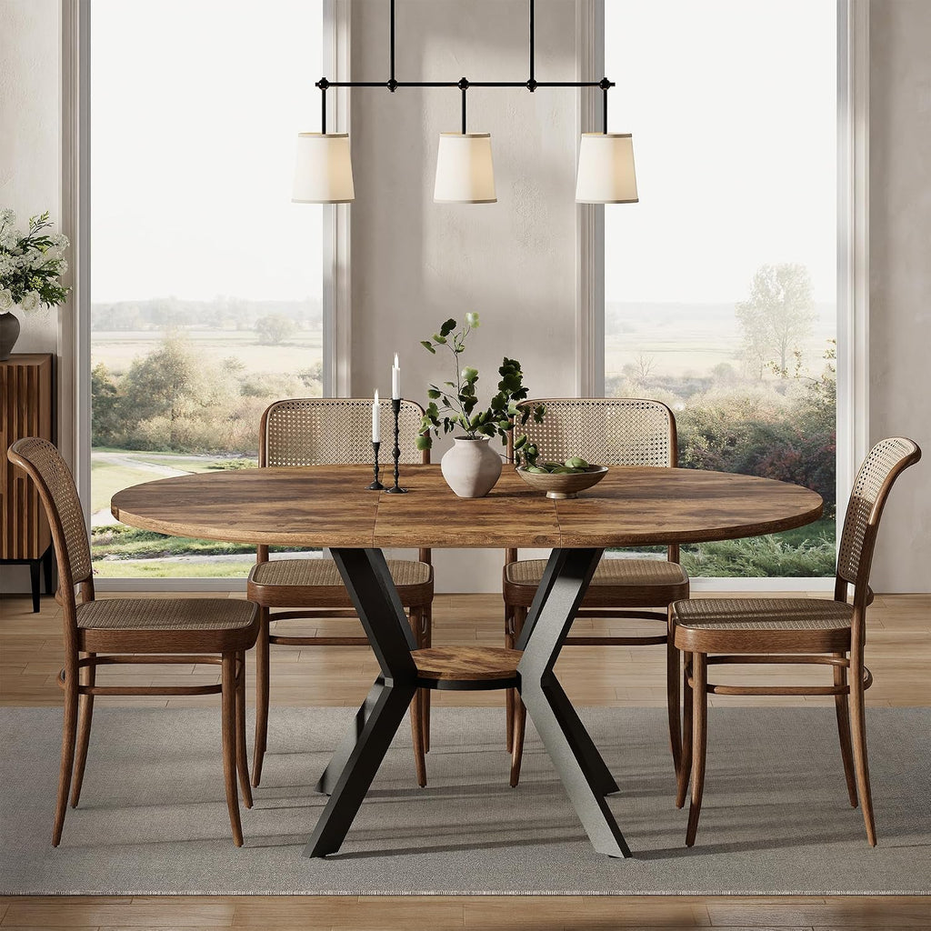 42'-58' Extendable Oval Dining Table for 4-6, Kitchen Round Table with Hidden Leaves & Storage Shelf, Space Saving Modern Design with Sturdy Metal Legs for Kitchen, Dining Room & Small Apartments