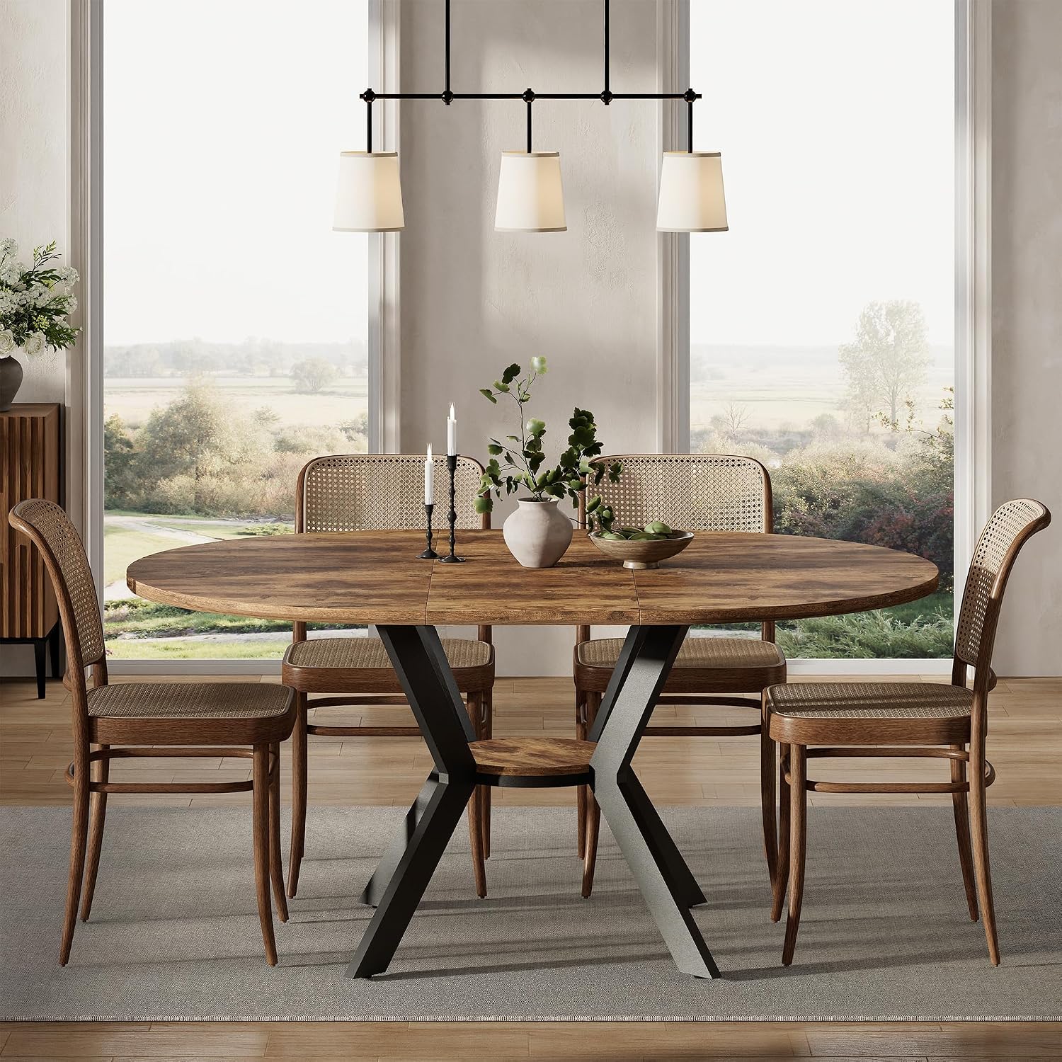 42'-58' Extendable Oval Dining Table for 4-6, Kitchen Round Table with Hidden Leaves & Storage Shelf, Space Saving Modern Design with Sturdy Metal Legs for Kitchen, Dining Room & Small Apartments