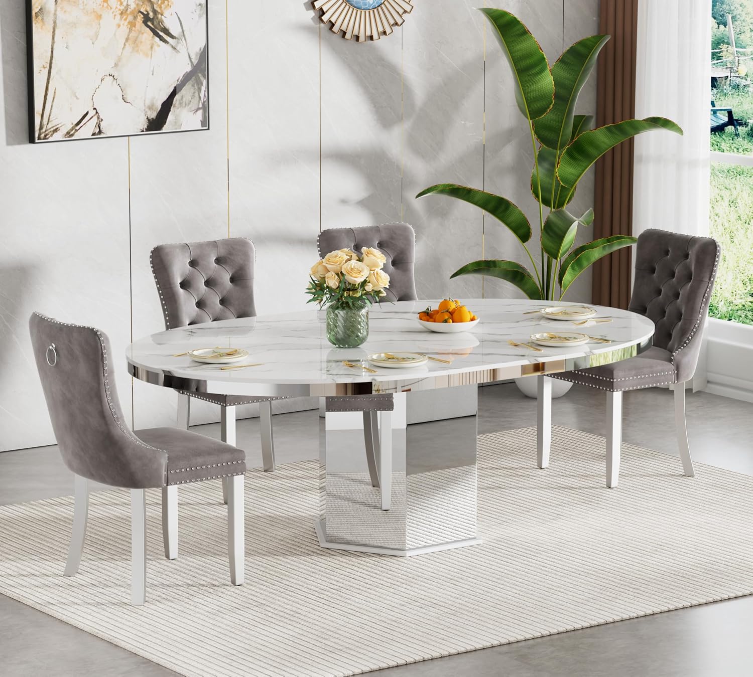 5 Pieces 47'-63' White Faux Marble Extendable Dining Table Set, Round Expanding Kitchen and Dining Room Table Set for 4 with Mirrored Acrylic Base & Grey Velvet Upholstered Chairs