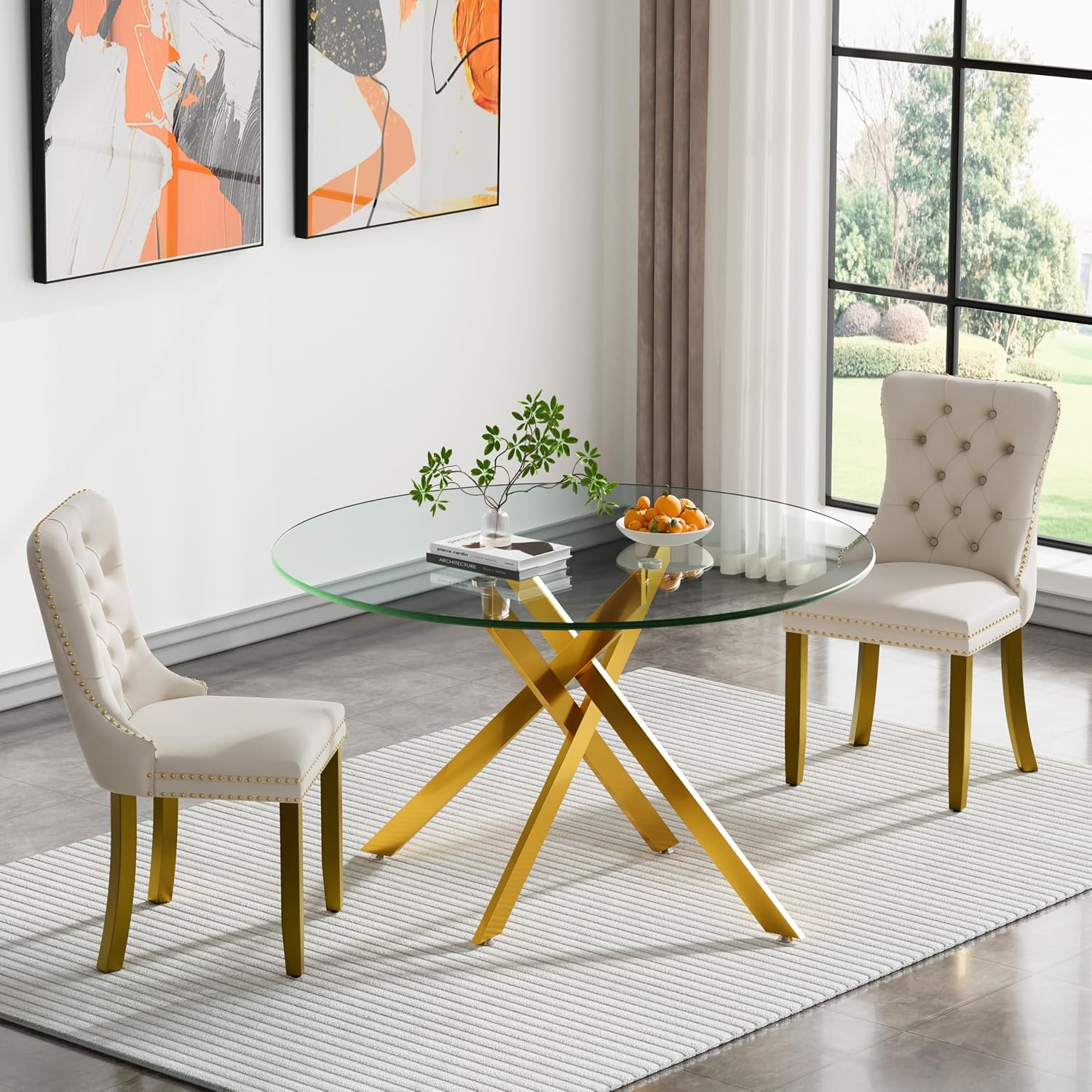 HomVent 3 Piece Round Glass Dining Table Set, Tempered Glass Dinner Table Set for 2 Kitchen Table Set with 2 Velvet Upholstered Chairs for Kitchen Dining Room