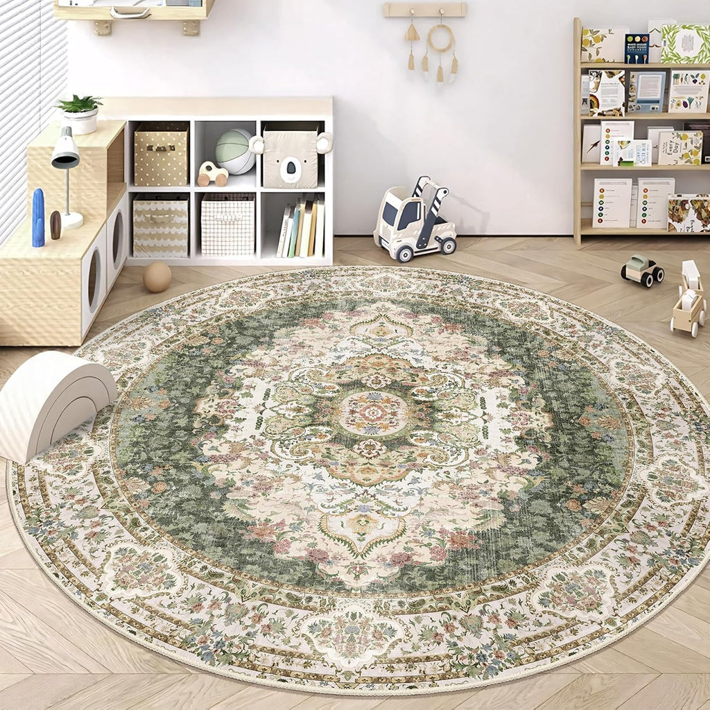 Green Round Rug 9ft, Large Circle Area Rug for Bedroom Living Room Dining Room, Washable Boho Vintage Bohemian Distressed Oriental Carpet Non Slip, Sage Floral 9'x9'