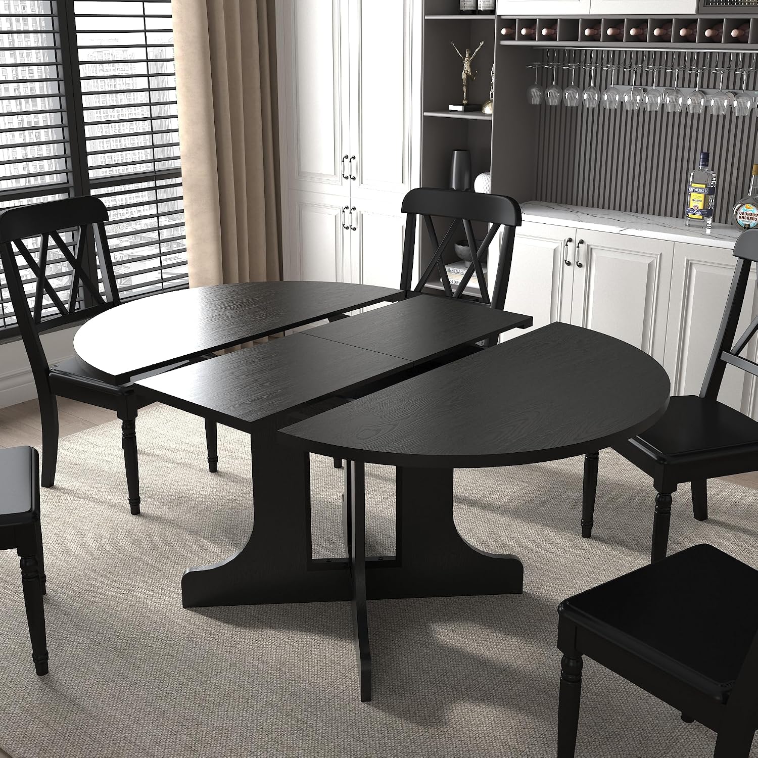 59.06' Dining Table for Farmhouse Kitchen Expandable Oval Table Top with Removable Leaf Trestle X Shaped Base,Black