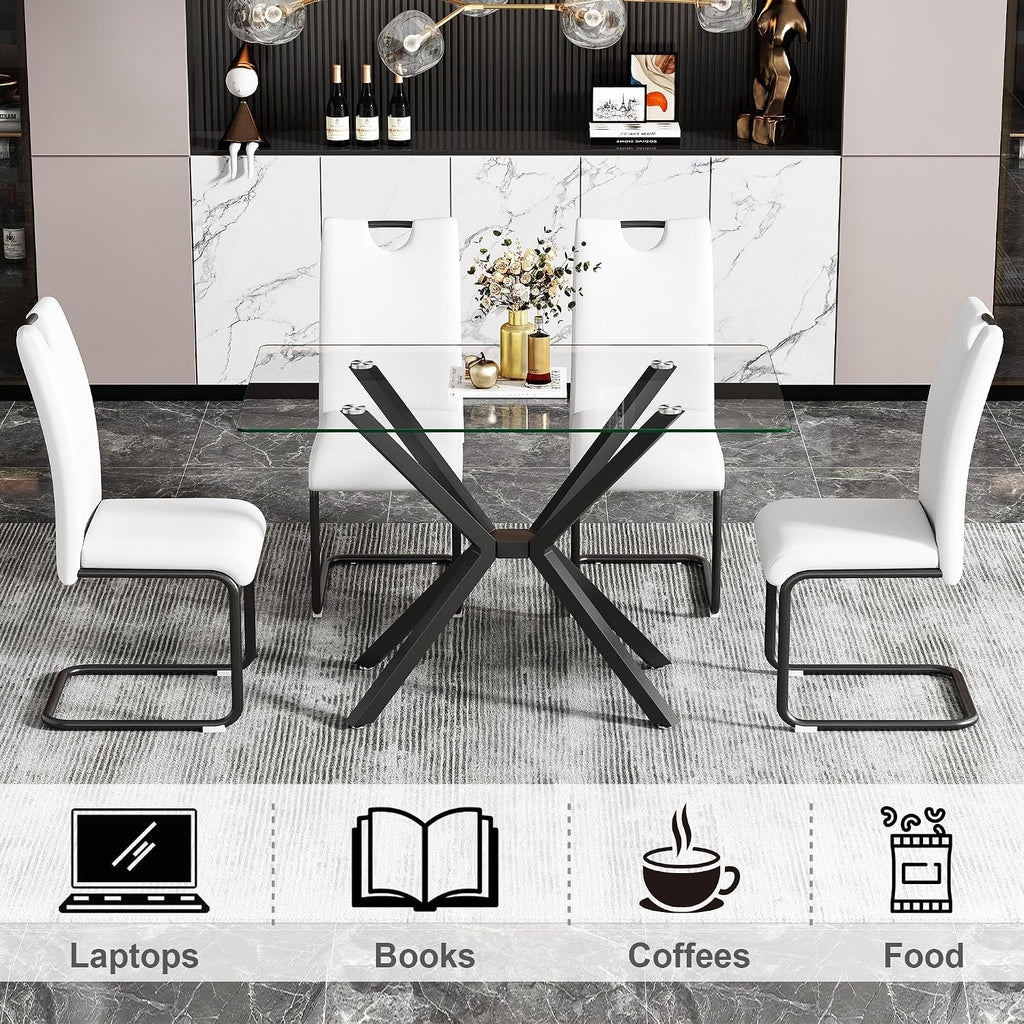47.2' Glass Dining Table, Modern Kitchen Table for 4 People, Contemporary Rectangular Dining Room Dinner Tables with Clear Glass Top & Black Metal X Legs for Kitchen Apartment