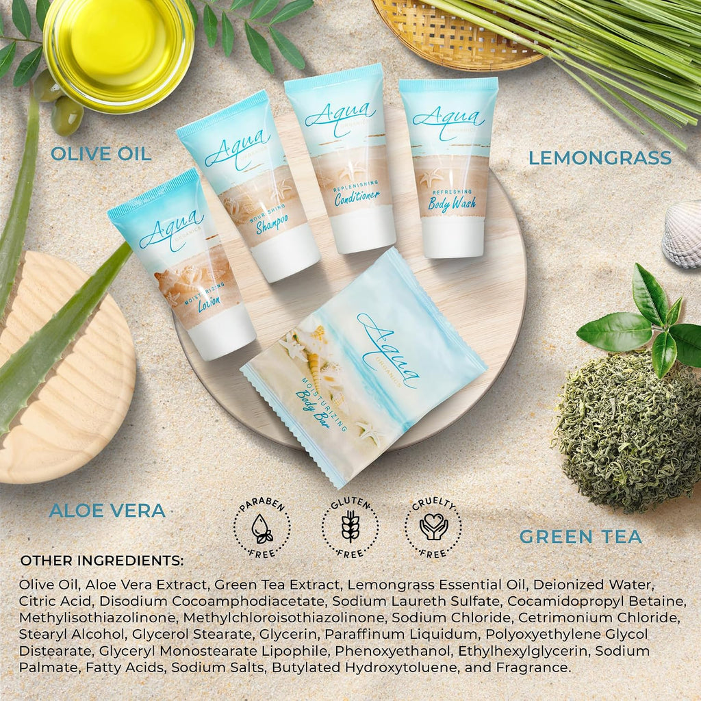 Aqua Organics Amenity Kit | Boxed Hotel Toiletries Bulk Set | 1 oz Shampoo, Conditioner, Lotion, Body Wash & Bar Soap | 300 Sets per Case