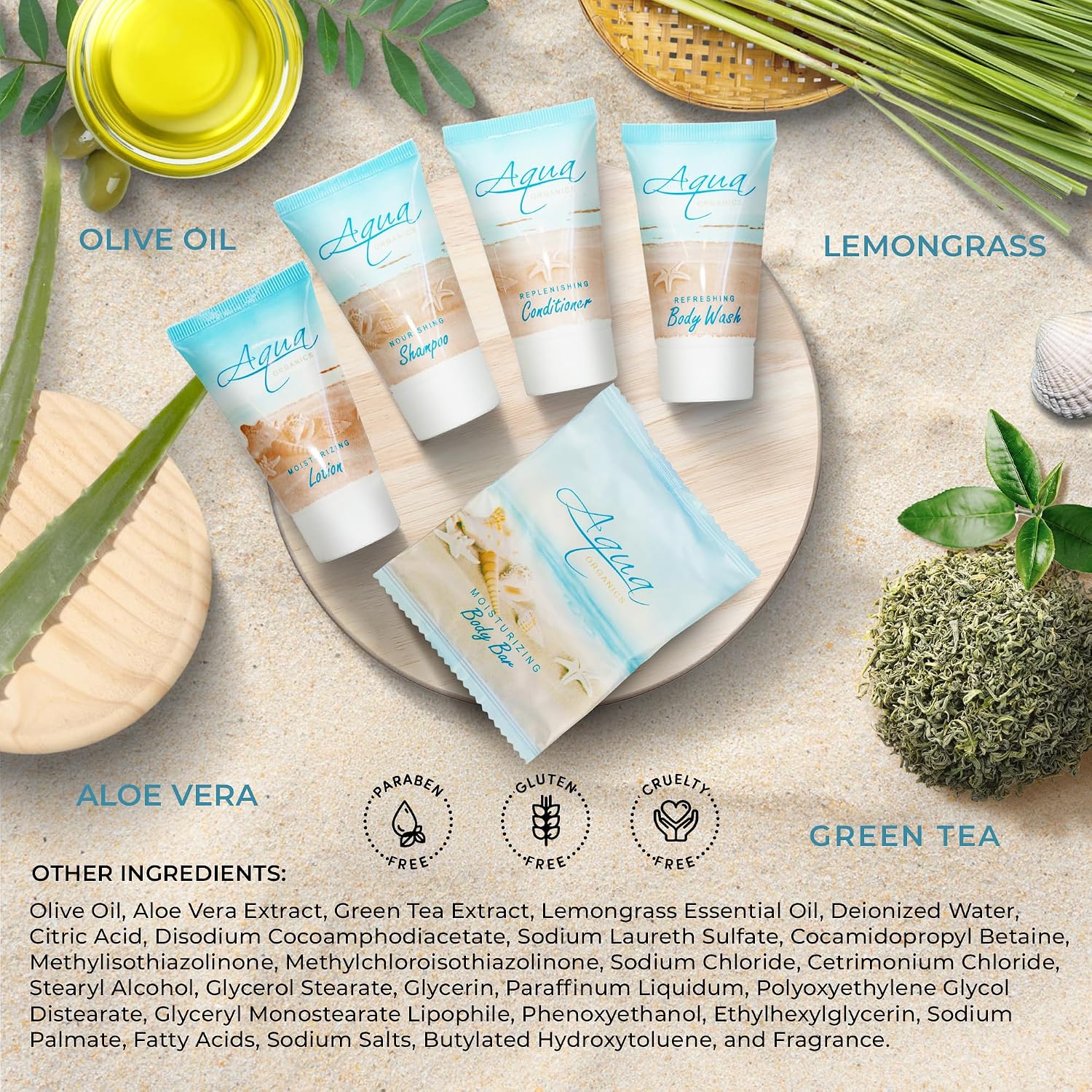Aqua Organics Amenity Kit | Boxed Hotel Toiletries Bulk Set | 1 oz Shampoo, Conditioner, Lotion, Body Wash & Bar Soap | 300 Sets per Case