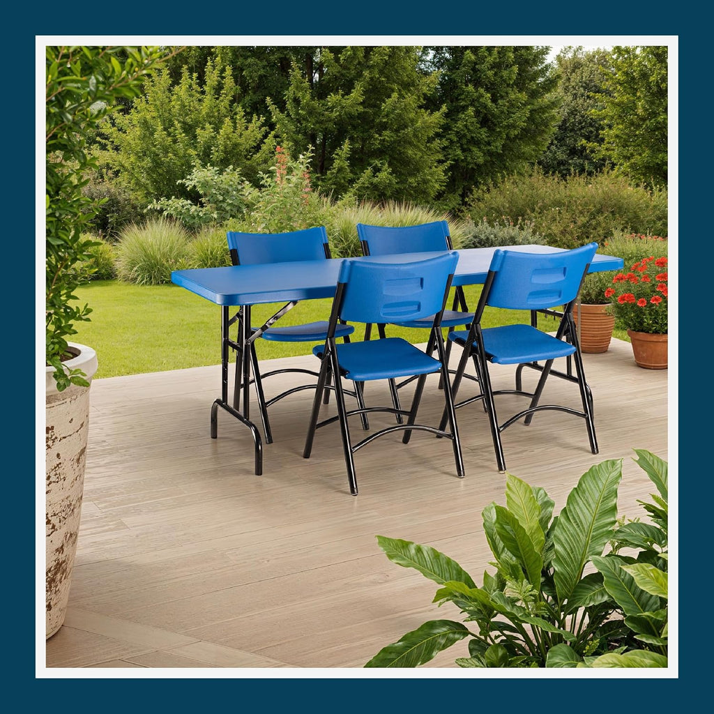 OEF Furnishings OEFBTA-3072-04 Adjustable-Height Commercial-Grade Premium Industrial Folding Table, 6-Foot Pedestal-Leg Design with 17-Gauge Steel Frame and Thick Double-Wall Top (72' × 30', Blue Top)