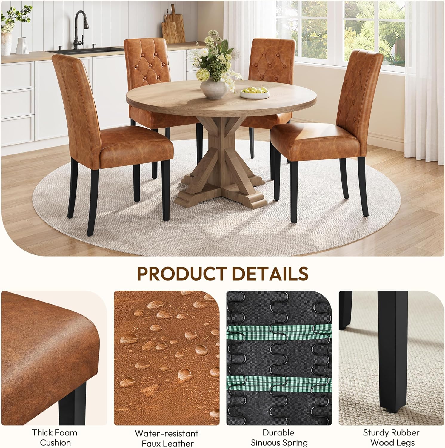 Yaheetech Dining Chairs Set of 6 Modern Style Faux Leather Dining Room Chairs with Solid Wood Legs and Button Tufted Padded for Home Kitchen, Retro Brown