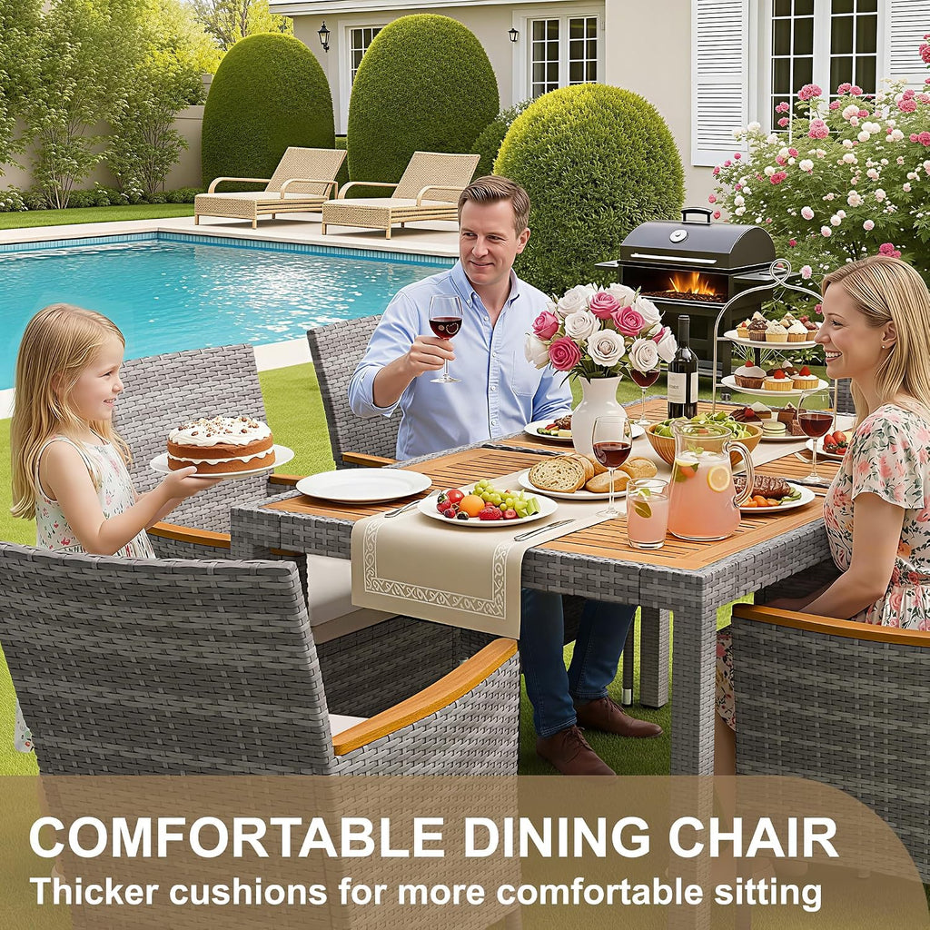Devoko Dining 7 PCS Furniture, Patio Conversation Set with Acacia Wood Table Top, Outdoor, Beige Cushion and Grey Rattan