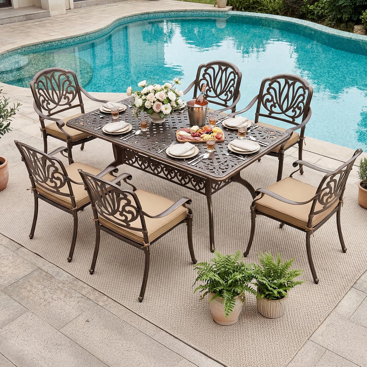 VINGLI 7 Pieces Outdoor Dining Set, Cast Aluminium All-Weather Patio Dining Set for 6 with Umbrella Hole, Outdoor Dining Table and Chairs with Cushion for Yard, Garden, Porch and Poolside, Bronze