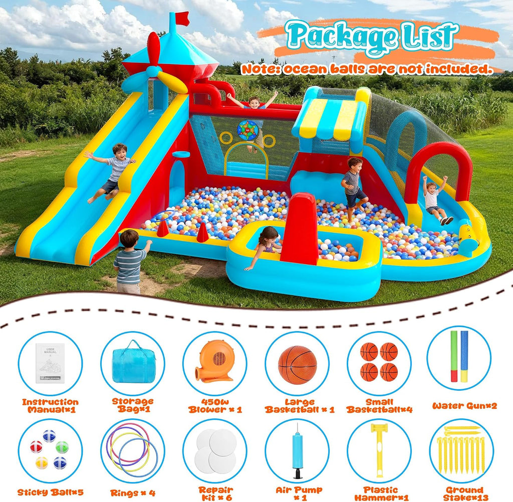 Water Bounce House for Big Kids 8-12, Double Water Slide Bounce House with 750W Blower, Toy Stand, Climbing Wall, Jumping, Water Gun, Splash Pool, Basketball Hoop for Indoor Outdoor Backyard