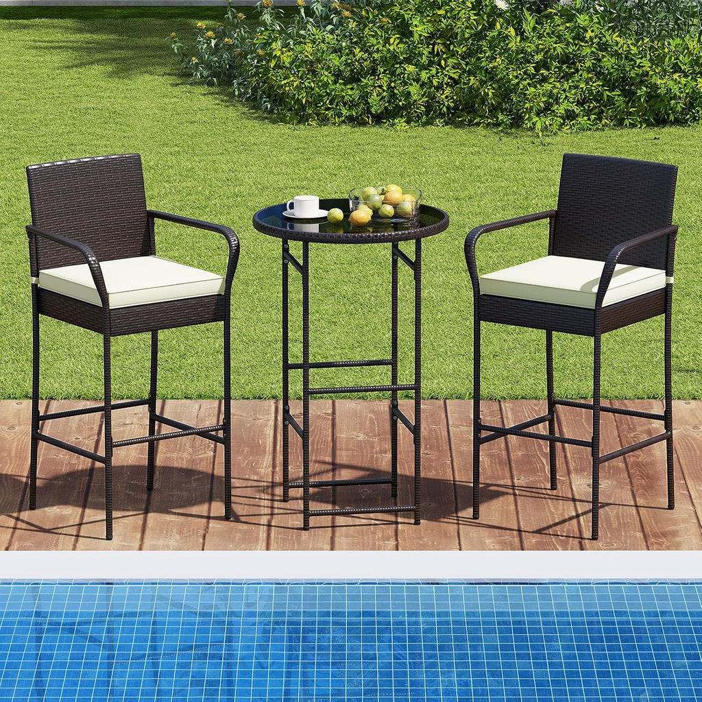 Tangkula 3 Piece Outdoor Bar Set, Patio Rattan Heavy Duty Bar Height Glass Top Table & Chairs w/ 2 Cushioned Barstools, for Porch, Yard, Poolside