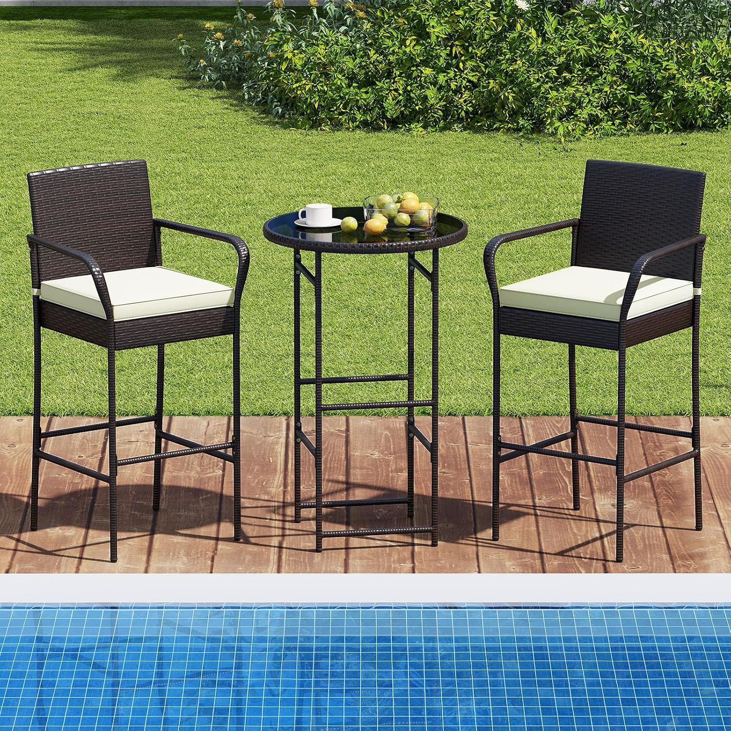 Tangkula 3 Piece Outdoor Bar Set, Patio Rattan Heavy Duty Bar Height Glass Top Table & Chairs w/ 2 Cushioned Barstools, for Porch, Yard, Poolside